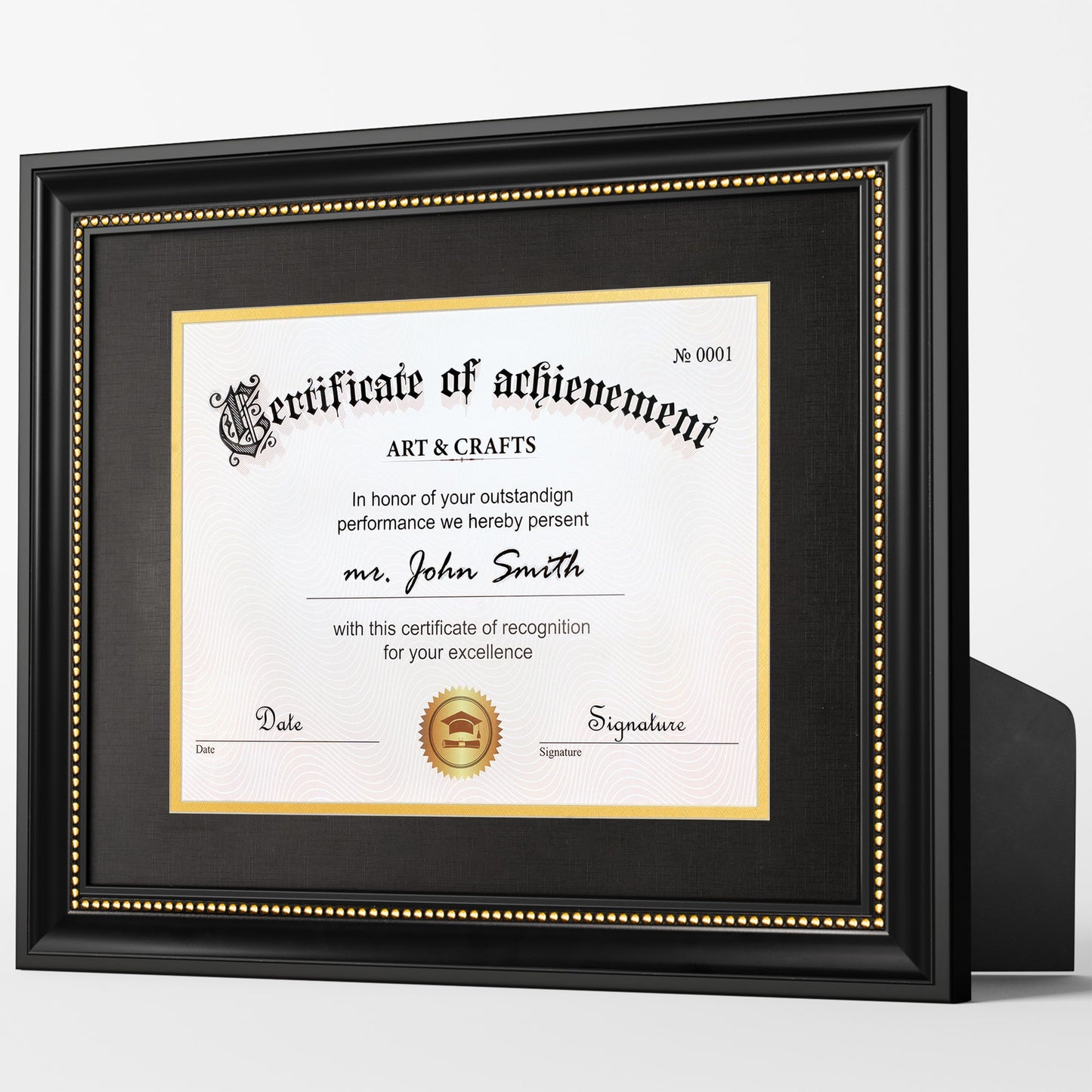 Yaetm 11x14 Diploma Frame, Certificate Frame with Tempered Glass, Display 8.5x11 Document with Black Over Gold Acid-free Mat, Degree Frames for Wall and Tabletop, Black with Gold Beads, 1 Pack