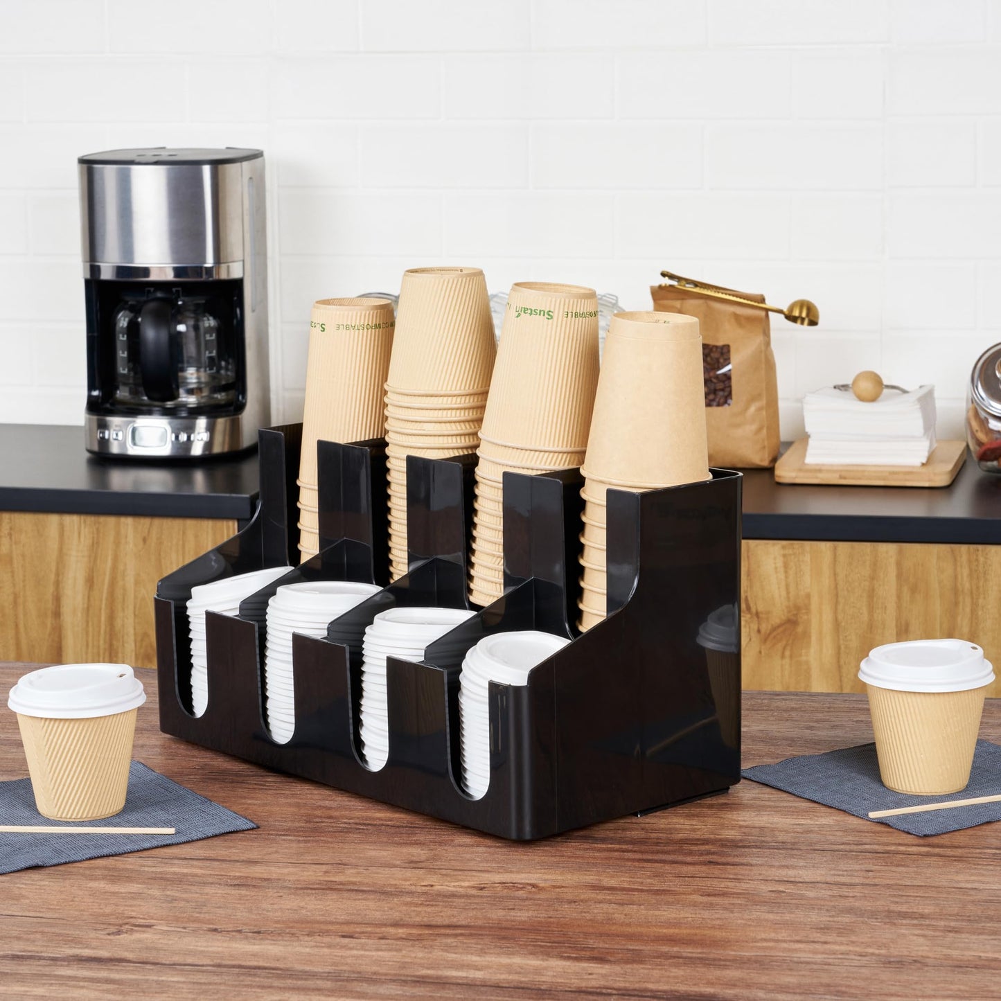 Restaurantware Restpresso Coffee Bar Organizer, 1 Count Durable 8 Compartments, Compact Size, Black Plastic Tabletop Coffee Supplies Organizer For Homes, Office Spaces, Breakrooms, and Lounges