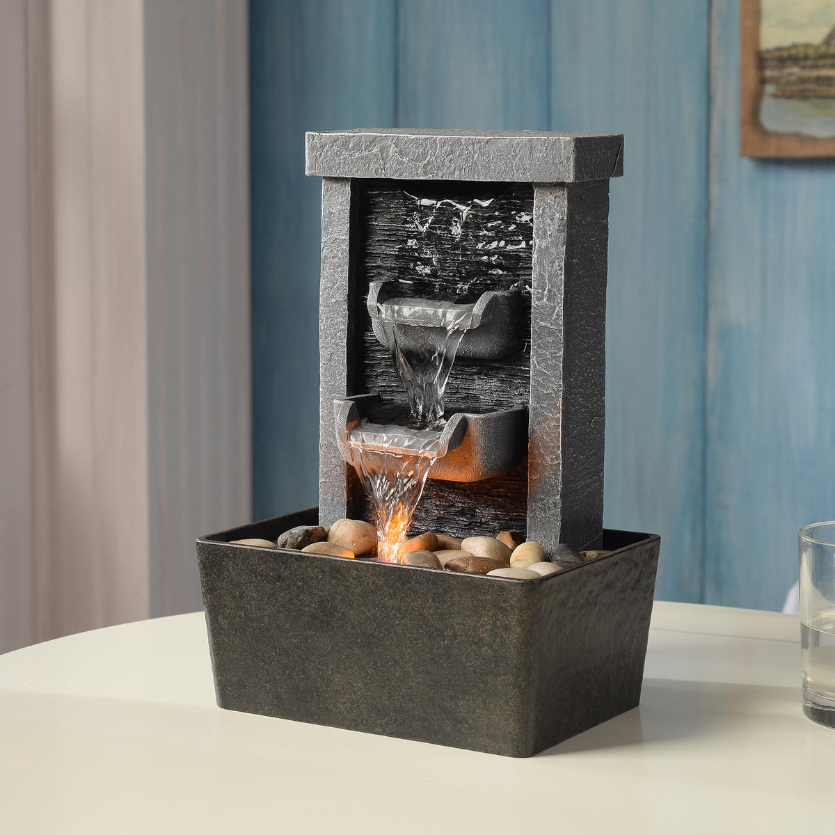 GOSSI Home Décor 10.3 in Indoor Waterfall Fountain Relaxation High Pressure Water Pumps Tabletop Fountain Nature Feeling Water Fountains with Reflective Lighting/River Rocks Home/Office Decoration