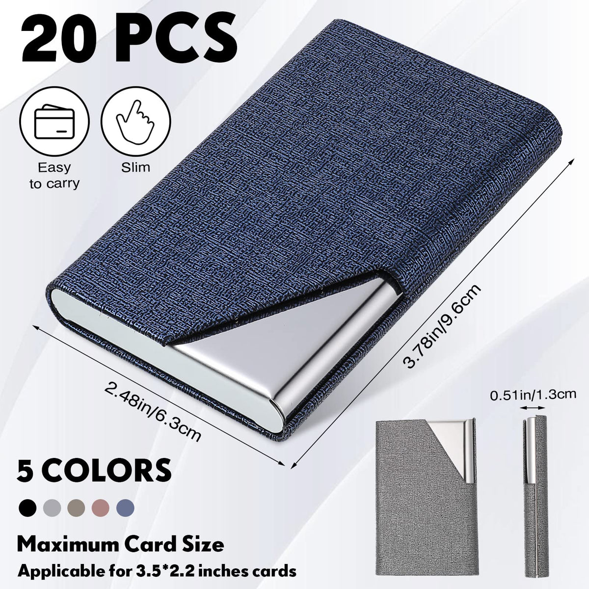 Yexiya 20 Pieces PU Leather Business Card Holder with Magnetic Closure Stainless Steel Slim Wallet Case for ID Credit Card Women Men(Black, Blue, Bronze, Grey, Brown)
