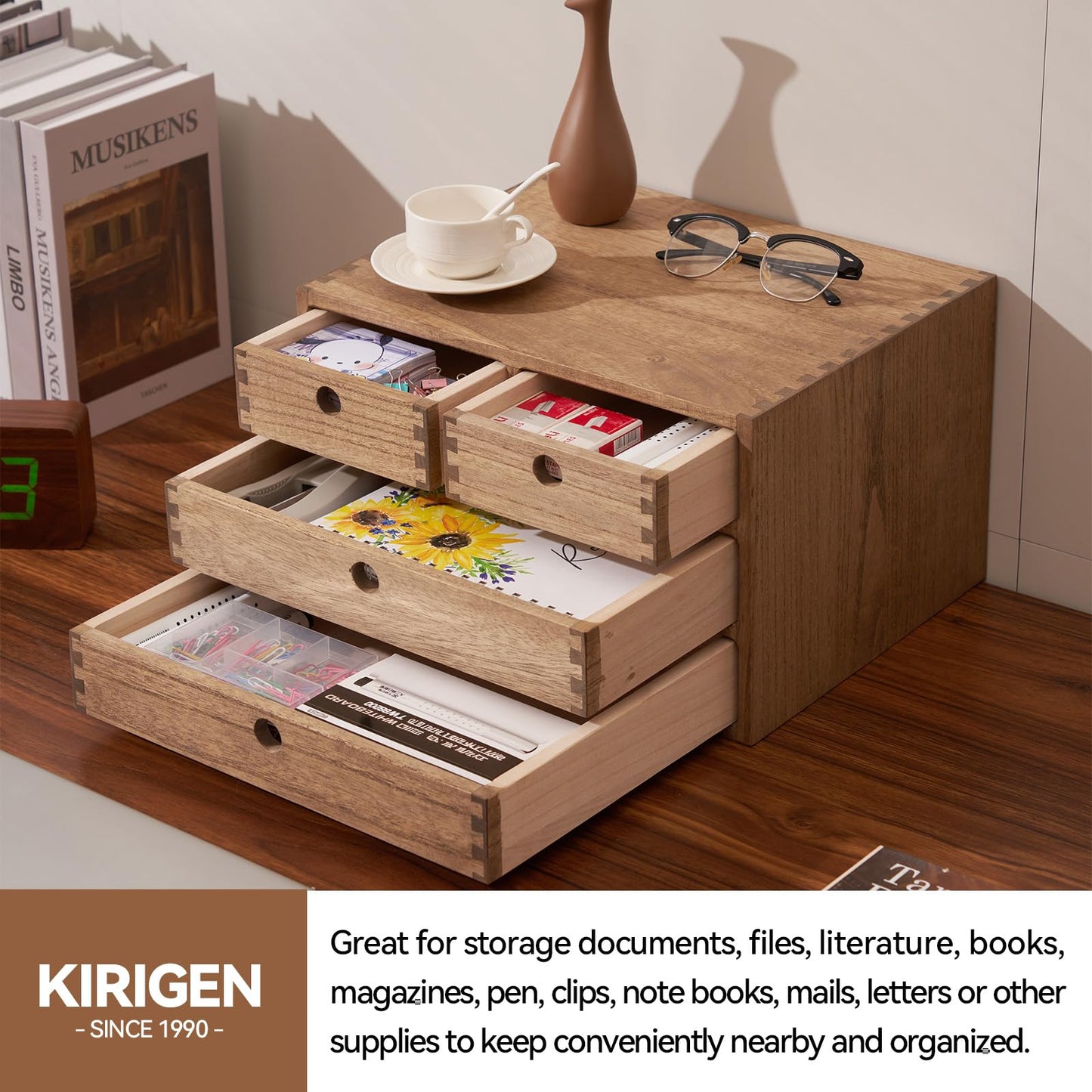 KIRIGEN Wood Desktop Storage Cabinet with 4 Drawers, 3-Tier Desk Organizer for Letter-Size Paper, Mail, Home Office Supplies, Makeup, Crafts, Desk or Countertop, Fully Assembled, Brown WJG34-DBR