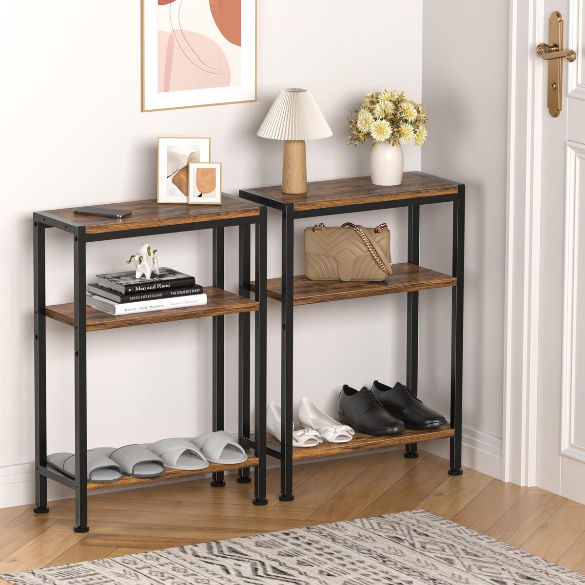 Homedawn Narrow Side Table for Small Space, 3 Tier Slim End Table, Thin Nightstand, Skinny Snack Couch Table, Sofa Bedside Table in Living Room, Bedroom, Study, Kitchen and Balcony (Rustic Brown)