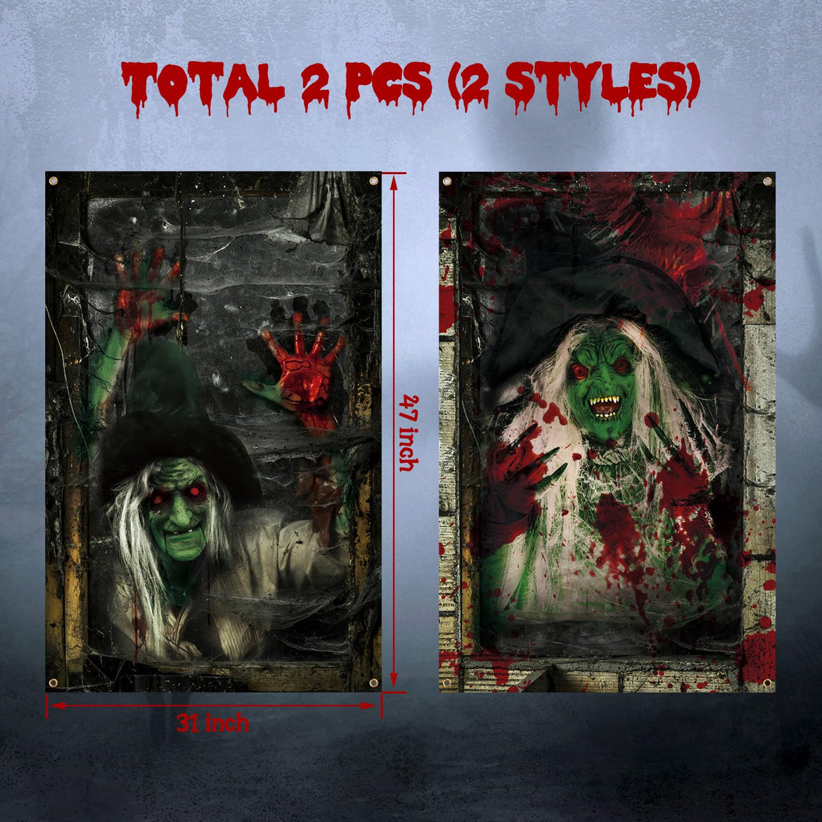 Newwiee 2 Pcs Scary Halloween Curtain Window Silhouette Cover Decoration Theme Poster for Indoor Outdoor Party Wall Door(Witch)