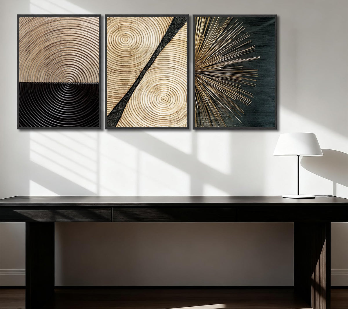 3Pcs Retro Wood Grain Canvas Wall Art Minimalist Black Gold Abstract Line Painting Pictures Wall Decor Neutral Geometric Beige Brown Poster Prints for Bedroom Office Decoration 12x16in Unframed