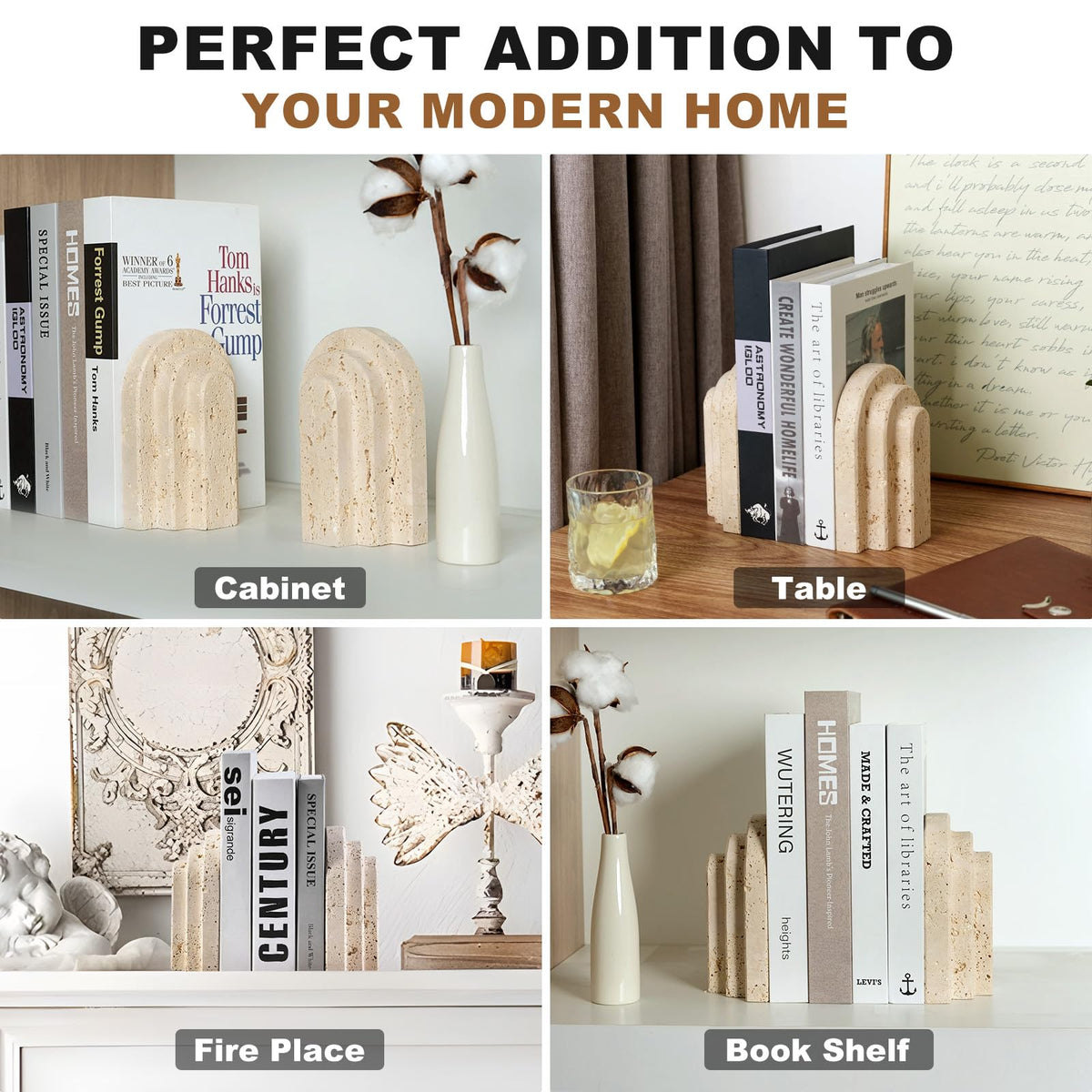 Natural Marble Book Ends - Heavy Duty Bookends for Shelves - Aesthetic Layered Arch Design Stone Book Holders, Unique Modern Office Bookshelf Stopper Decor for Books/CDs(Travertino Turkey)