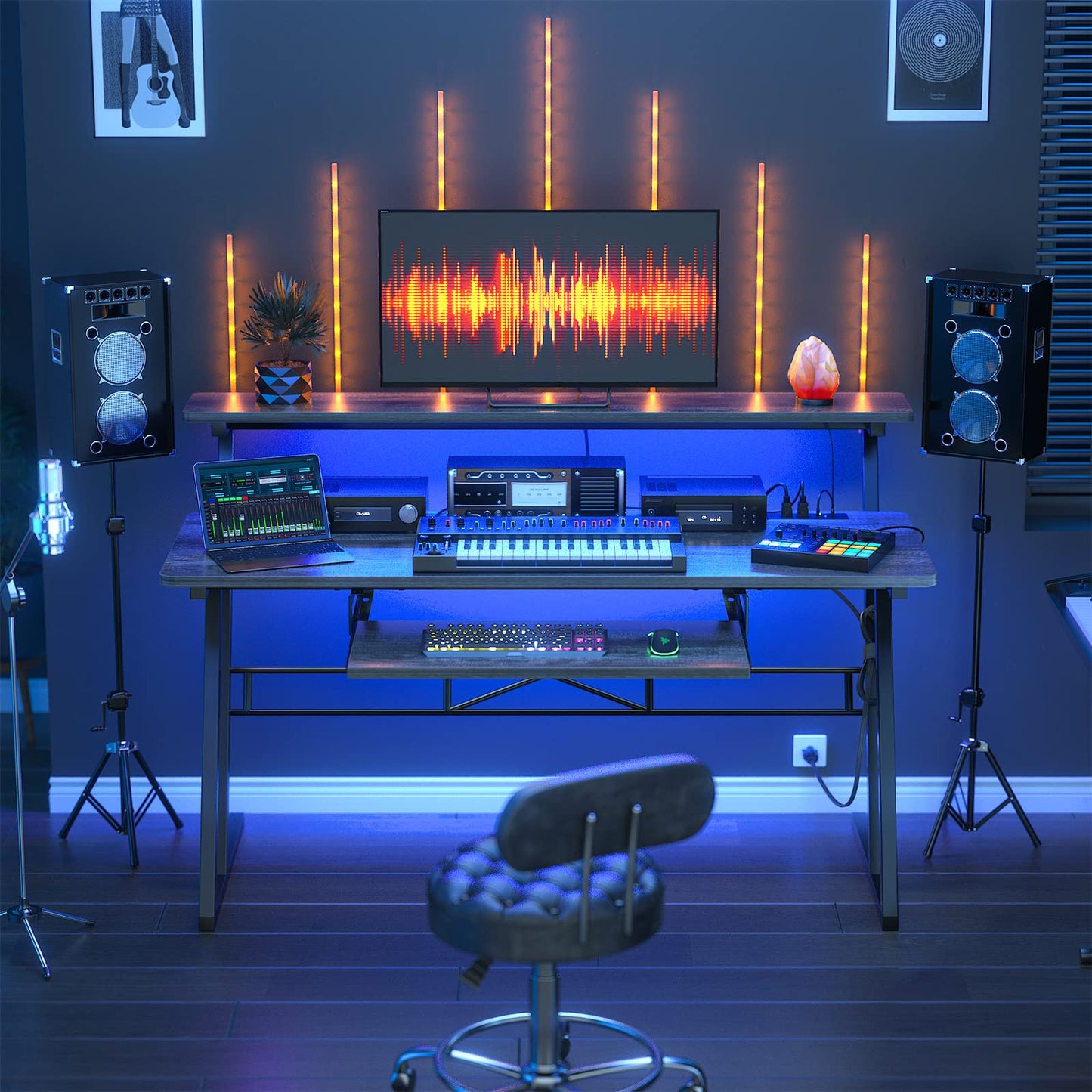 Armocity Music Studio Desk, Music Production Workstation with Power Outlets and RGB LED Lights, Recording Studio Table Desks Music Producer for Home, Grey Oak