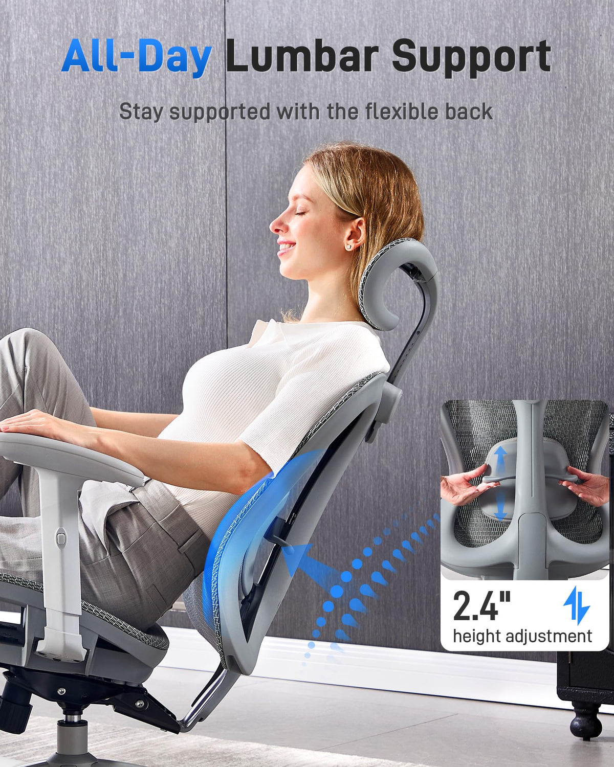 amseatec Ergonomic Office Desk Chair, Comfortable Computer Gaming Chair, Breathable Mesh Back & Seat, Adjustable Armrest & Headrest, Lumbar Support, Butterfly Design for Home Office, Gray