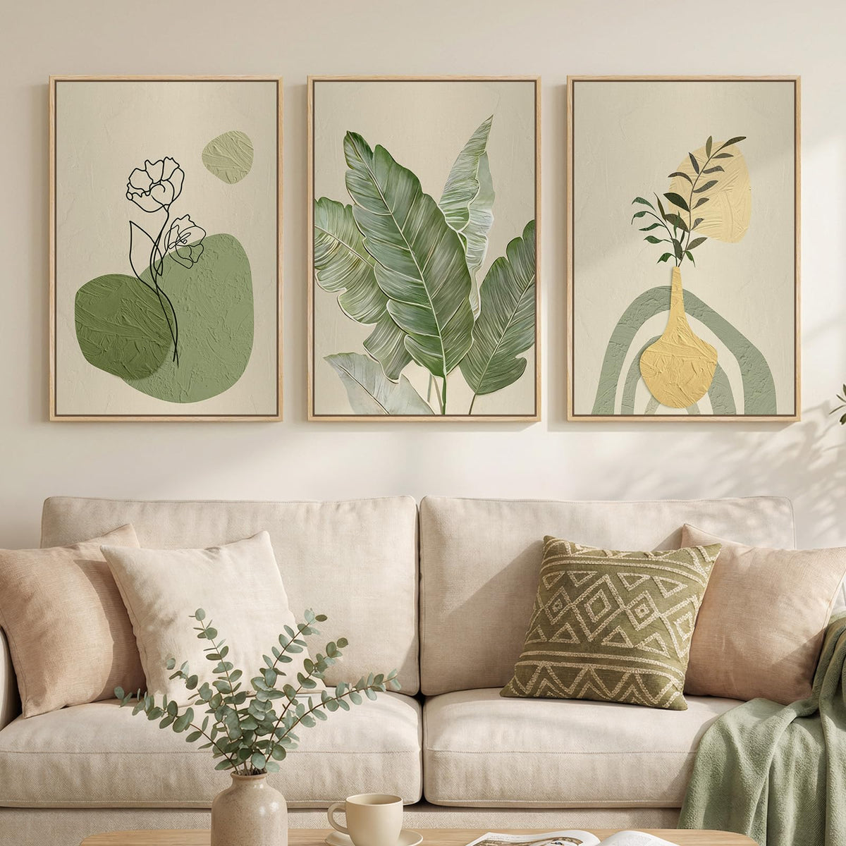 Framed Botanical Modern Wall Art for Living Room, 3 Piece Canvas Prints Boho Floral Green Picturs Wall Decor, Minimalist Neutral Sage Green Plant Wall Art for Bedroom Dining Room Office 16x24