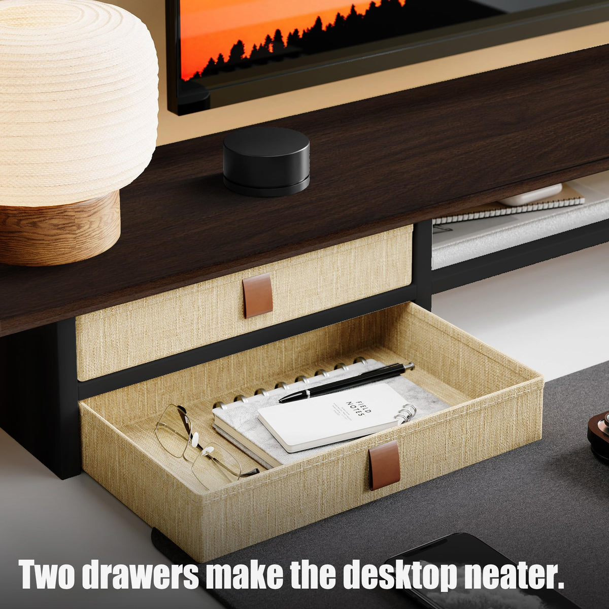 FENSULN Dual‑Tier Monitor Stand Riser with Drawers, Desktop Organizer Shelf Storage for Computer Screen 2 Monitors, Supports for PC Computer Monitor, Printer, Heavy TV Riser Brown and Black