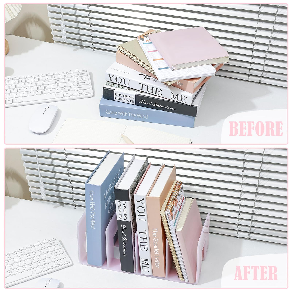 BAYTORY 2Pcs Acrylic File Holder Purse Organizer, Sturdy Desktop File Sorter Organizer, Binder Shelf for Office Desk Kitchen Shelf Closet (Pink)