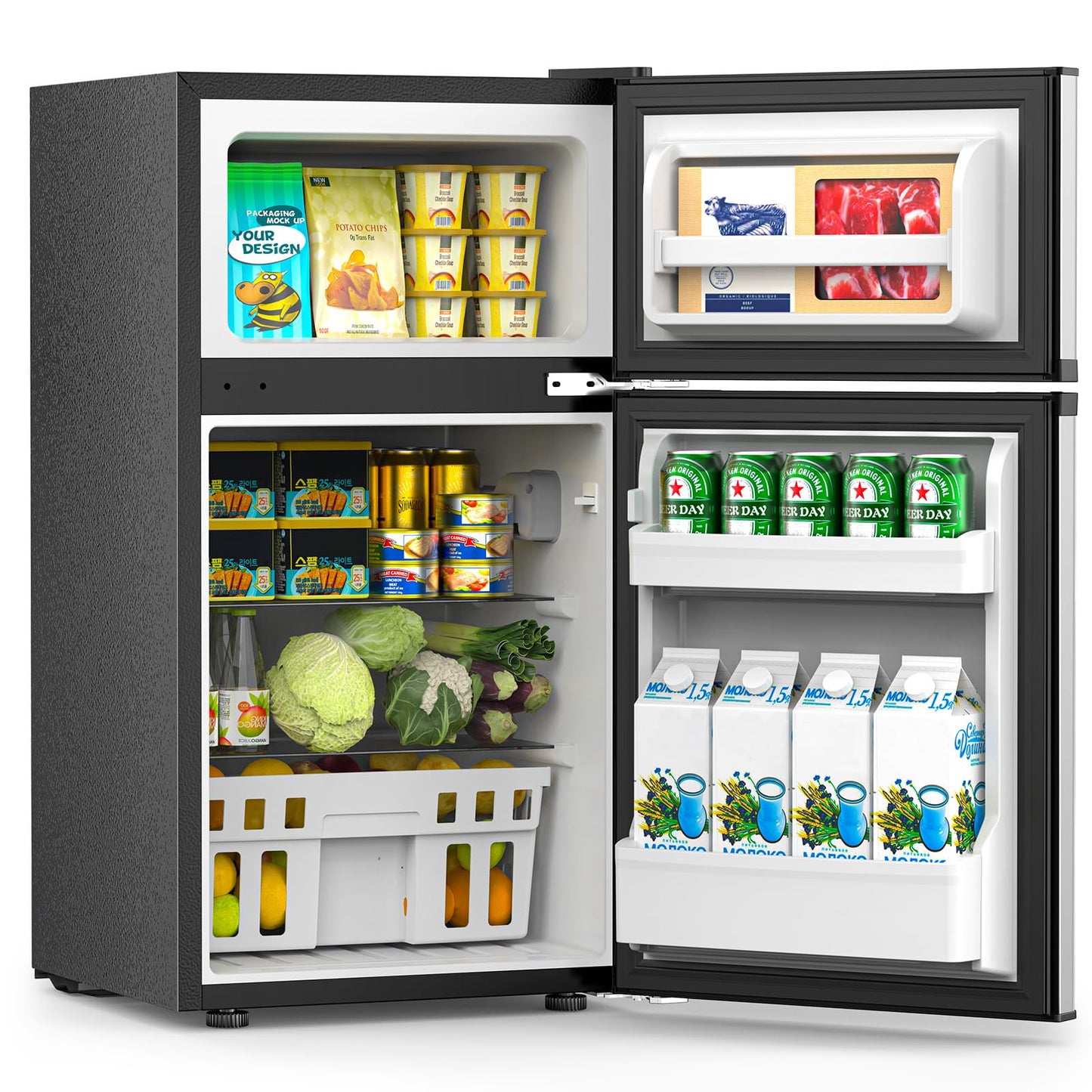 COWSAR 3.2 Cu.Ft Fridge with Freezer, Double Door Compact Refrige for Bedroom, Adjustable Thermostat, Energy-efficient Low Noise Small Refrigerator For Dorm, Office, Bar, RV, Commercial,Silver