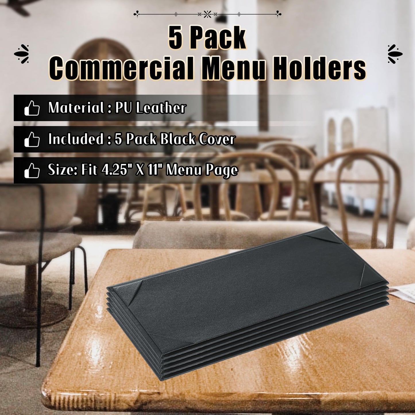 FLKQC Menu Covers 4.25" x 11" – 5 Pack 1 View Black PU Leather Restaurant Menu Holders, Single Panel with Angled Corners for Food Menus, Wine Lists & Drink Specials & Cocktail, Perfect for Parties