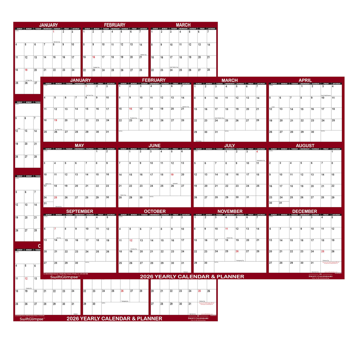 32" x 48" SwiftGlimpse 2026 Wall Calendar Erasable Jumbo XL Wet & Dry Erase Laminated 12 Month Annual Yearly Wall Planner, Reversible, Horizontal/Vertical, Maroon