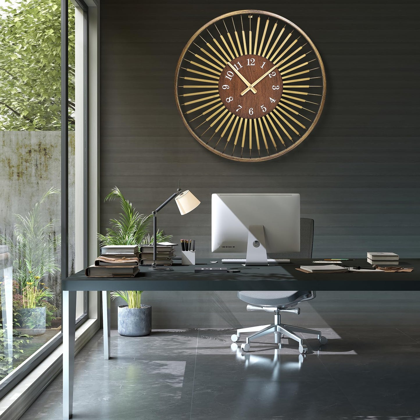 XGGJWW 24 Inch Mid-Century Modern Wall Clock, Round Frame Metal Design with Walnut Wood Center, Silent Quartz Movement, Gold-Tone Accents – Decorative Wall Clock for Living Room, Bedroom, and Office