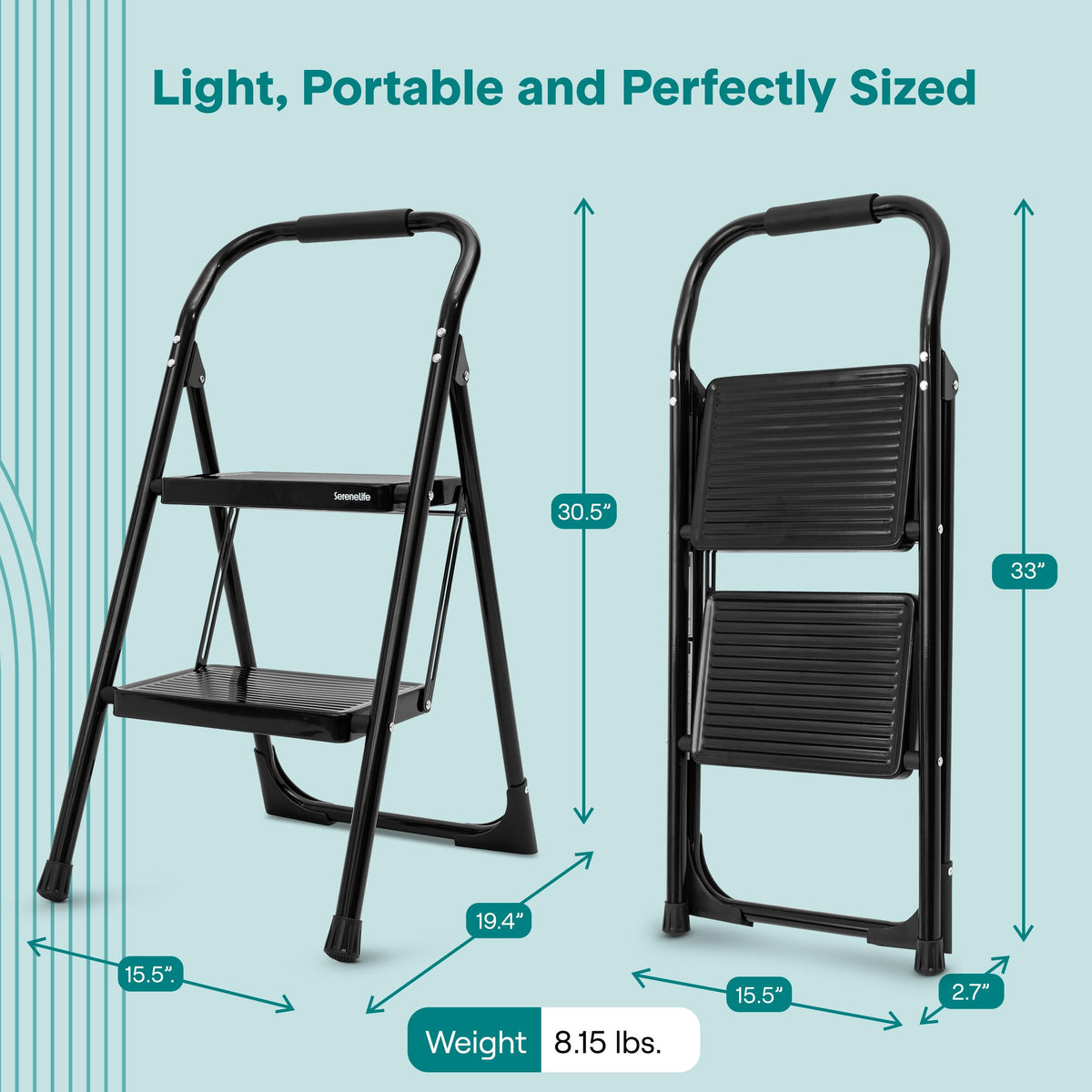 SereneLife 2-Step Ladder, Folding Step Stool for Adults, Wide Anti-Slip Pedal and Handrail, Sturdy Steel Build, 570 lbs Capacity, Portable Step Stool Ladder for Home and Office Use (Black)