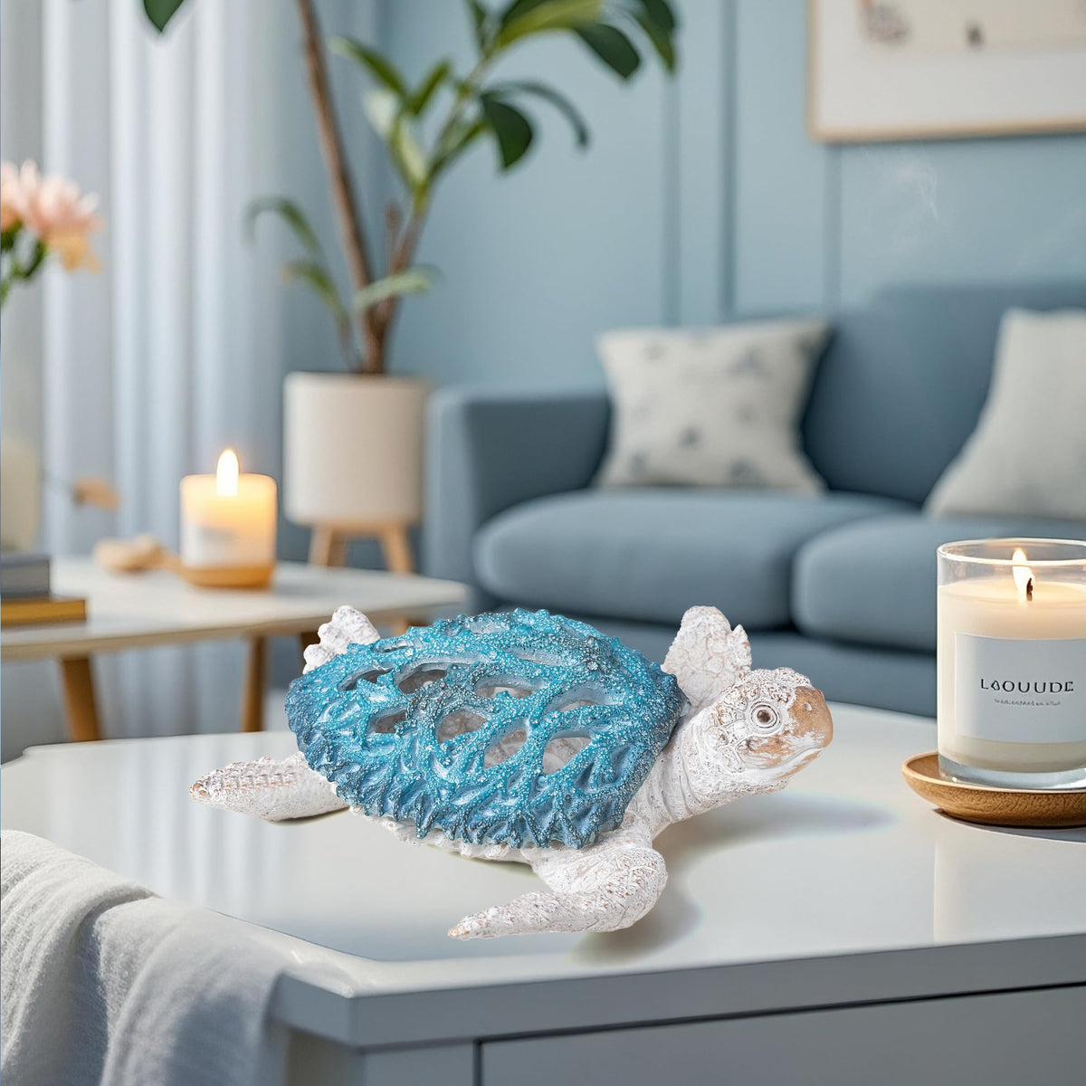 VVGIFTS Ocean Decor Sea Turtle Coral Reef Home Office Decor Sculpture Beach Coastal Tabletop Shelf Collection (Blue)
