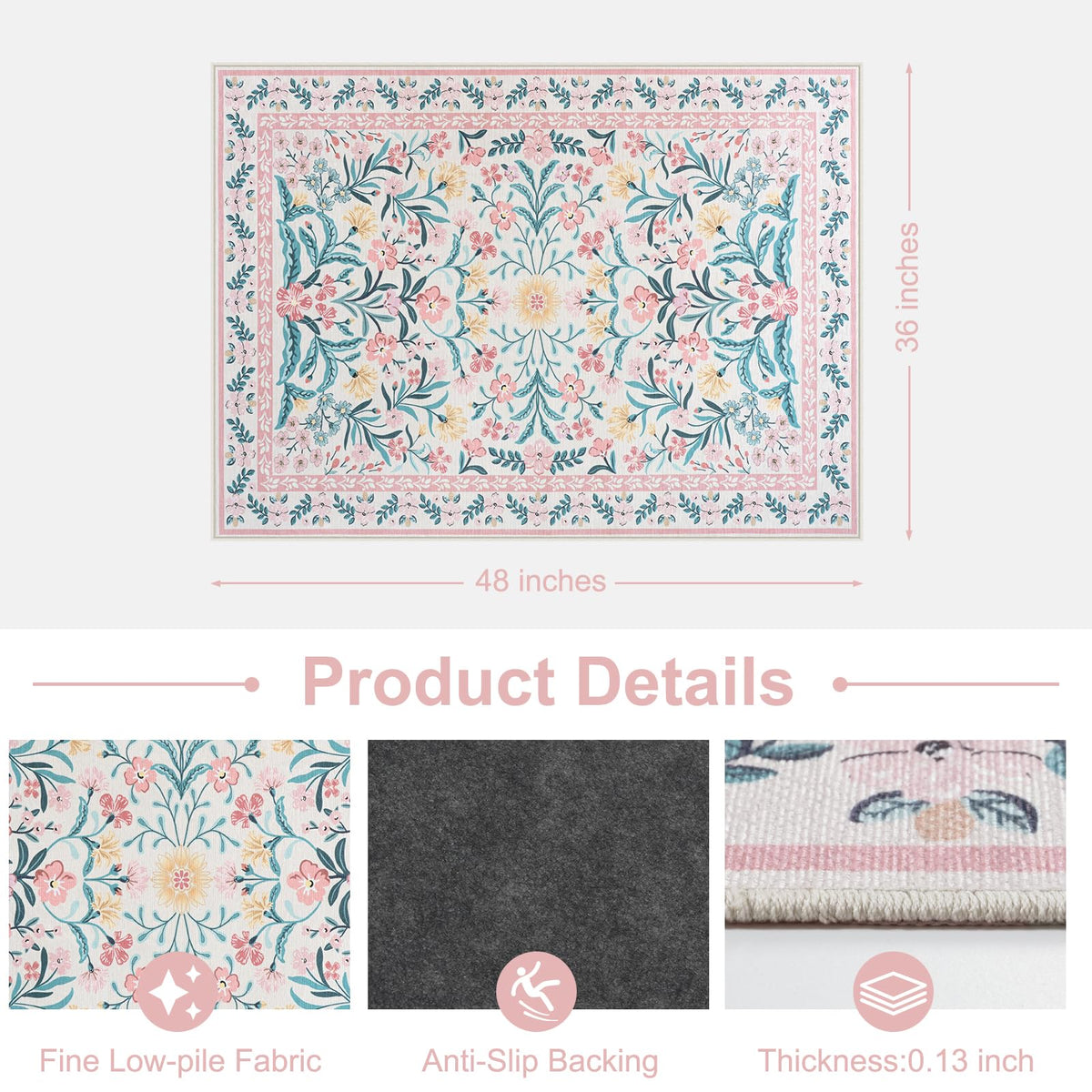 Anidaroel 36"x48" Office Chair Mat for Hardwood Floor, Boho Floral Floor Mat for Office Chair, Anti-Slip Desk Rug for Office, Low Pile Desk Chair Mats for Hardwood, Blush Pink Small Office Rug