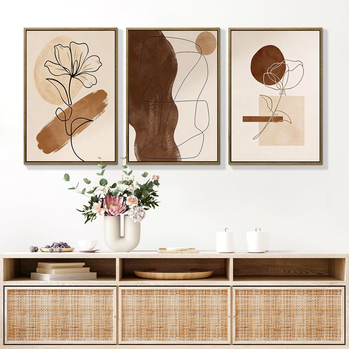 3Pcs Large Framed Botanical Canvas Wall Art, Modern Neutral Plant Abstract Canvas Prints, Minimalist Nature Wall Decor, Large Wall Art for Living Room Bedroom Office Farmhouse Decor 16 * 24in