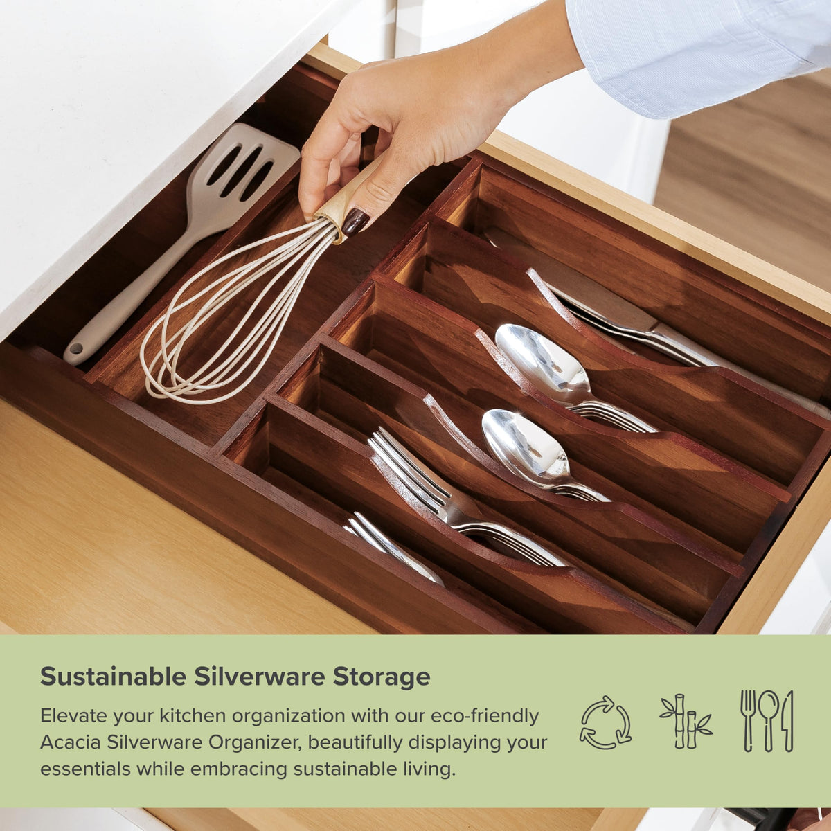 KitchenEdge Silverware Organizer - Cutlery, Flatware, and Utensil Holder for Kitchen Drawers, Fixed 10.5” Width, 7 Storage Compartments, Non-Slip Feet, Rounded Corners, Acacia Wood