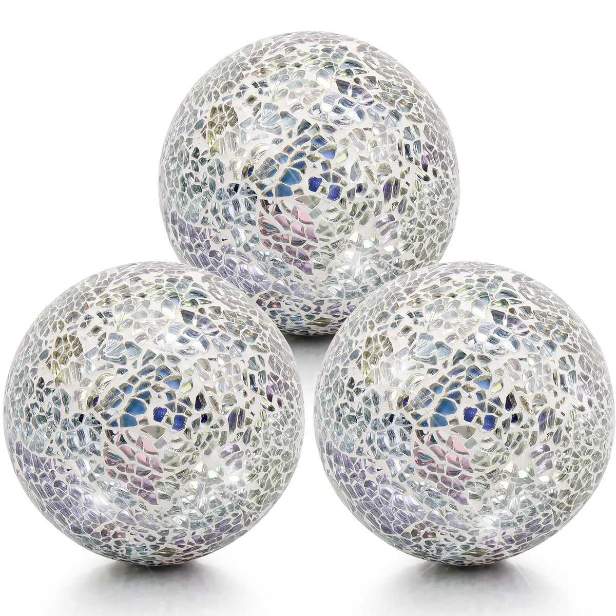 Vhxmaizxn Decoration Mosaic Glass Ball 3.35 Inch Orbs Centerpiece Crack Sphere Balls 3pcs Silver Solid Crackl Mirror Globe Christmas Thanksgiving Table Modern Ornament