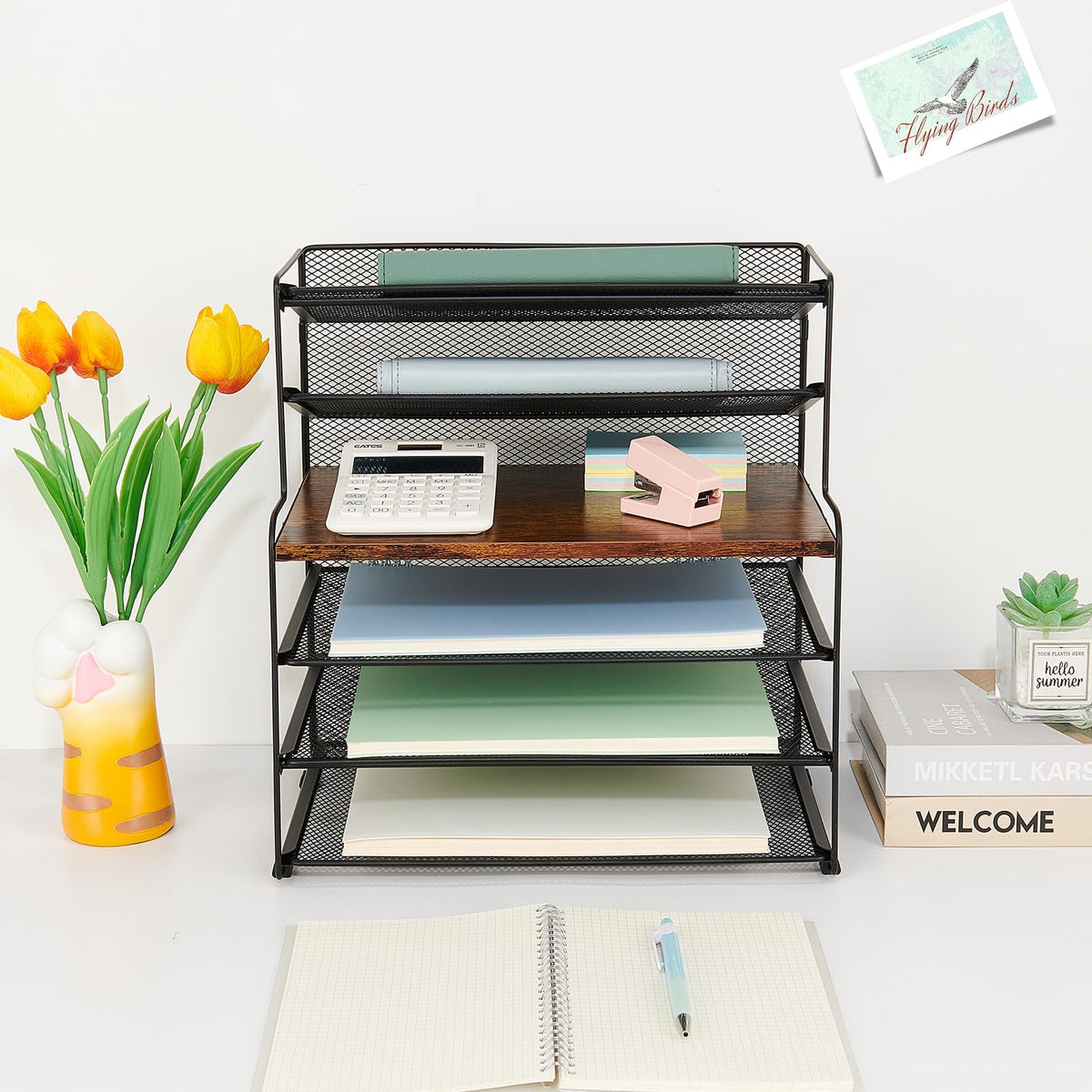 OPNICE 6-Tier Letter Tray Paper Organizer, Desk Organizers and Accessories, Desktop File Organizer, Office Desk Accessories for Office Supplies (Wood Brown)