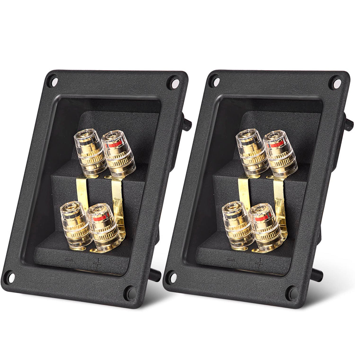 Facmogu 2PCS Rectangle 4-Way Speaker Terminal Box, Gold-Plated Binding Post Terminal Cable Connector for DIY Applications, Terminal Cups with 2 Pairs Banana Plug Socket Connector & 4PCS Screws