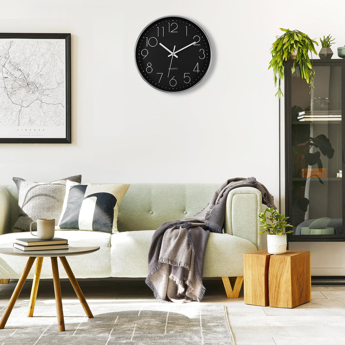 Foxtop Silver Wall Clock Silent Non-Ticking Battery Operated Round Modern Wall Clock for Office School Home Living Room Bedroom Bathroom Kitchen Decor (12 Inch, Black Dial)