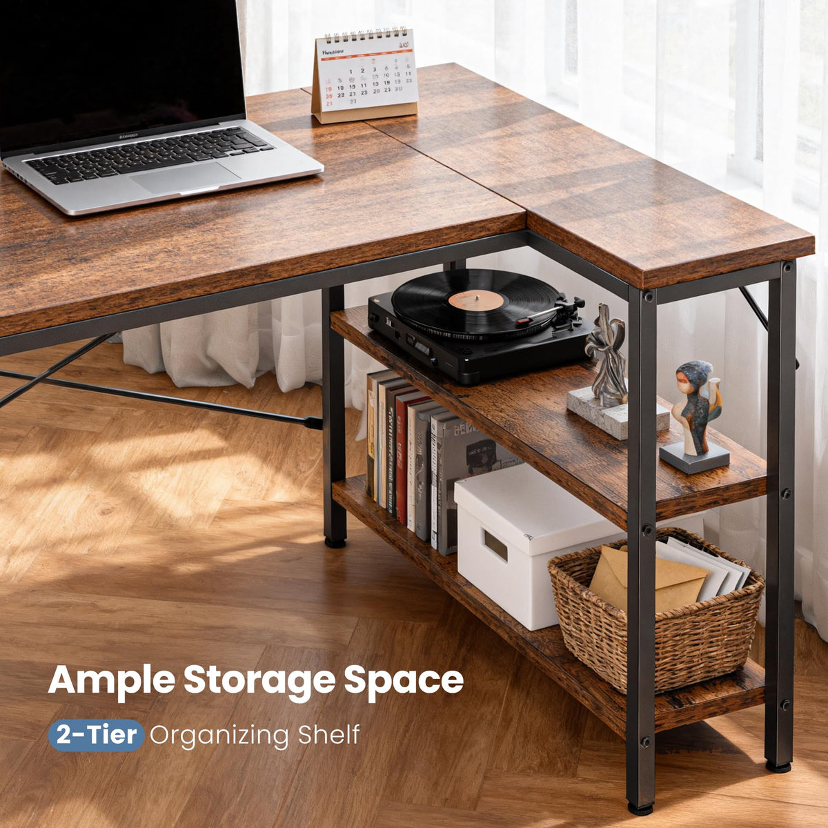 DUMOS L Shaped Desk 47 Inch Computer Desk Gaming Furniture Corner Desks Home Office PC Table with Reversible Storage Shelves for Writing Working Study Bedroom Dorm, Rustic Brown