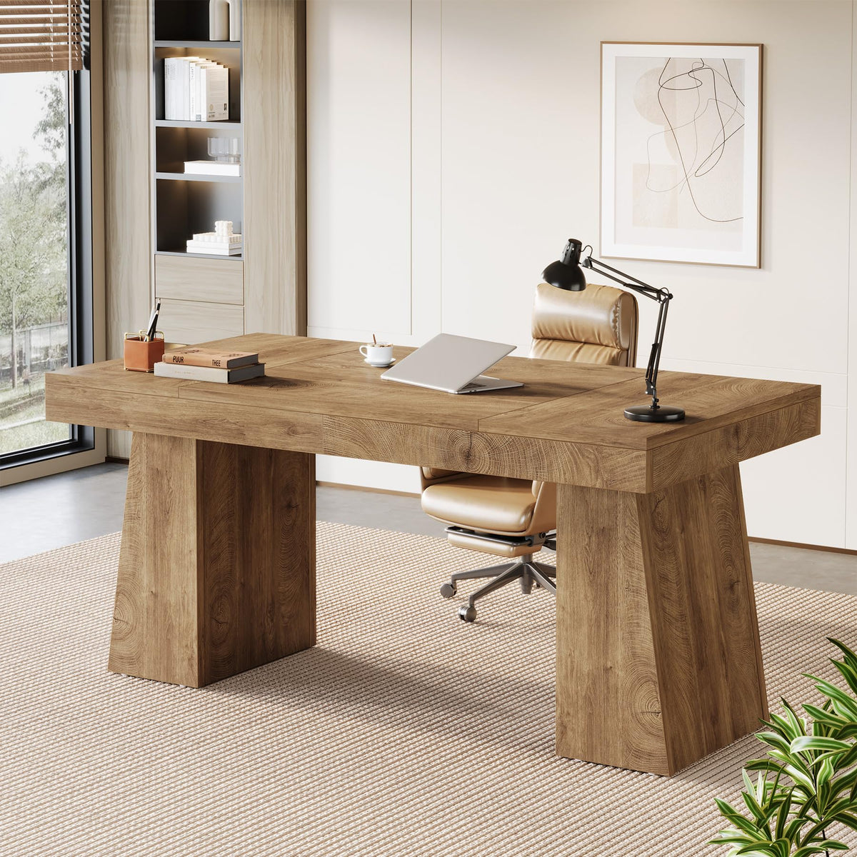 Tribesigns 55-Inch Executive Desk, Thick Wood Office Computer Desk with Double Pedestal, Modern Minimalist Workstations Writing Table Conference Table Furniture for Home Office, Light Brown