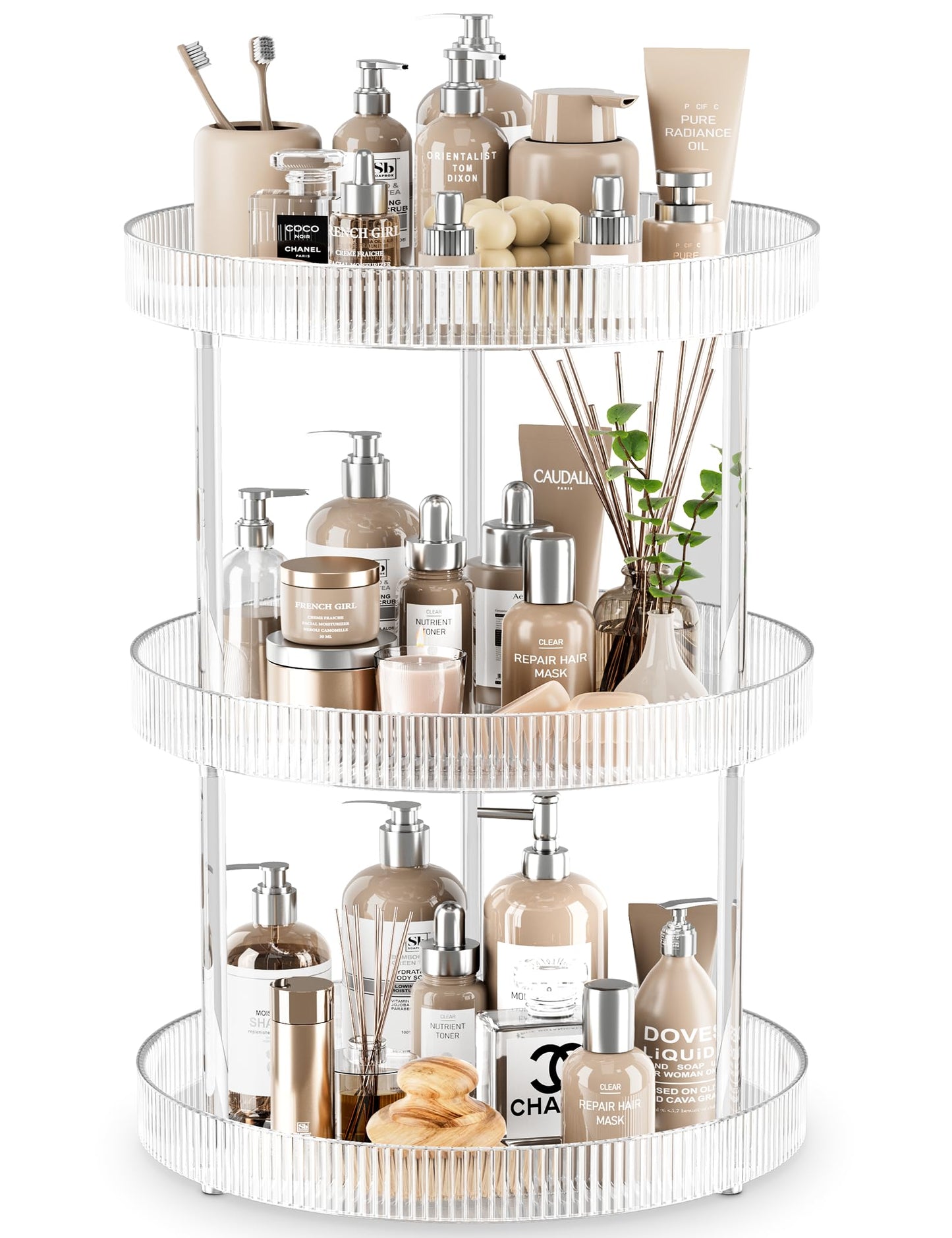 3 Tier Lazy Susan Bathroom Countertop Organizer, 360° Clear Rotating Makeup Cosmetic Perfume Storage Tray, Spinning Vanity Organizer Shelf for Bathroom Cabinet, Dresser, Kitchen(Large)