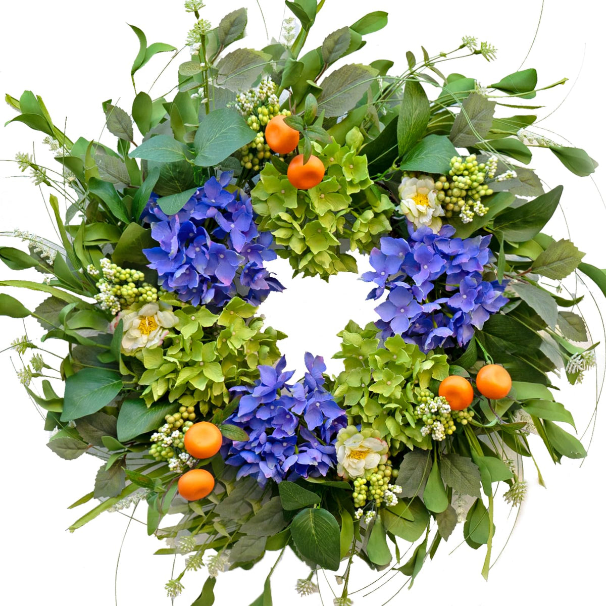 Spring Wreaths for Front Door 24 Inch, Summer Wreath Outdoor，Silk Hydrangea Wreath with White Blossoms & Mini Mandarins, Rustic Farmhouse Indoor & Outdoor Seasonal Wreath, Spring&Summer Home Decor