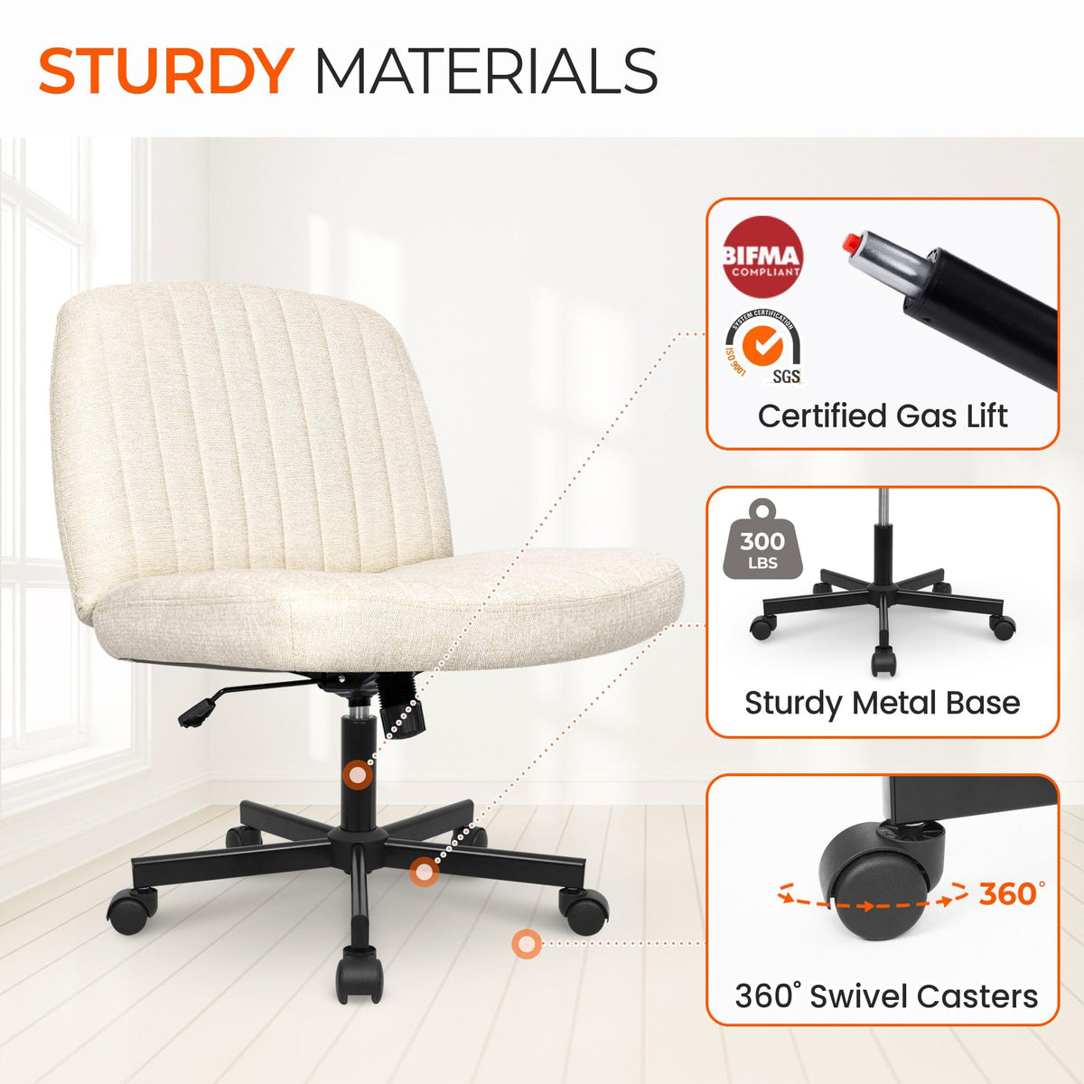 Orange Factory Criss Cross Chair Wheels Wide Cross Legged Office Desk Vanity Chair Comfy Fabric Armless Adjustable Swivel for Home Computer Task (Beige Wheel, Fabric)