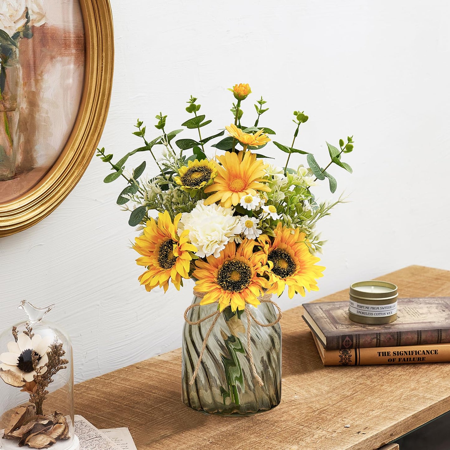 COZZI CODI Fake Flowers Artificial Sunflowers with Vase, Faux Silk Flowers Plants for Home Office Decorations, Kitchen Dining Table Decor, Farmhouse Centerpiece Table Decoration