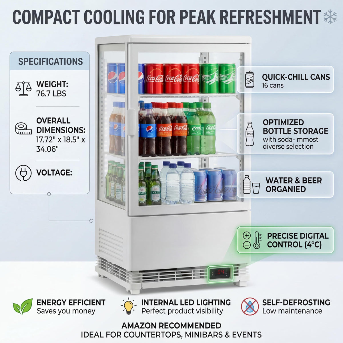 Countertop Display Refrigerator 2.0 Cu.ft, LED Light, Air-Cooling, Sliding Door, Adjustable Shelves, Automatic Defrost, Commercial Mini Fridge for Bakery, Cafe, Restaurant, White