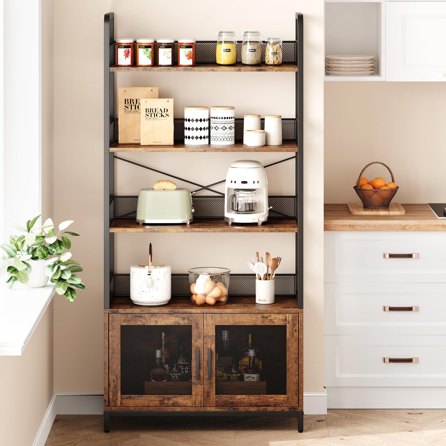 GarveeHome Bookshelf with Doors Industrial Bookcase with 4 Tiers Open Storage Shelf 70.87 in Tall Bookshelves Rustic Display Rack Cabinet for Bedroom, Living Room, Home Office, Brown