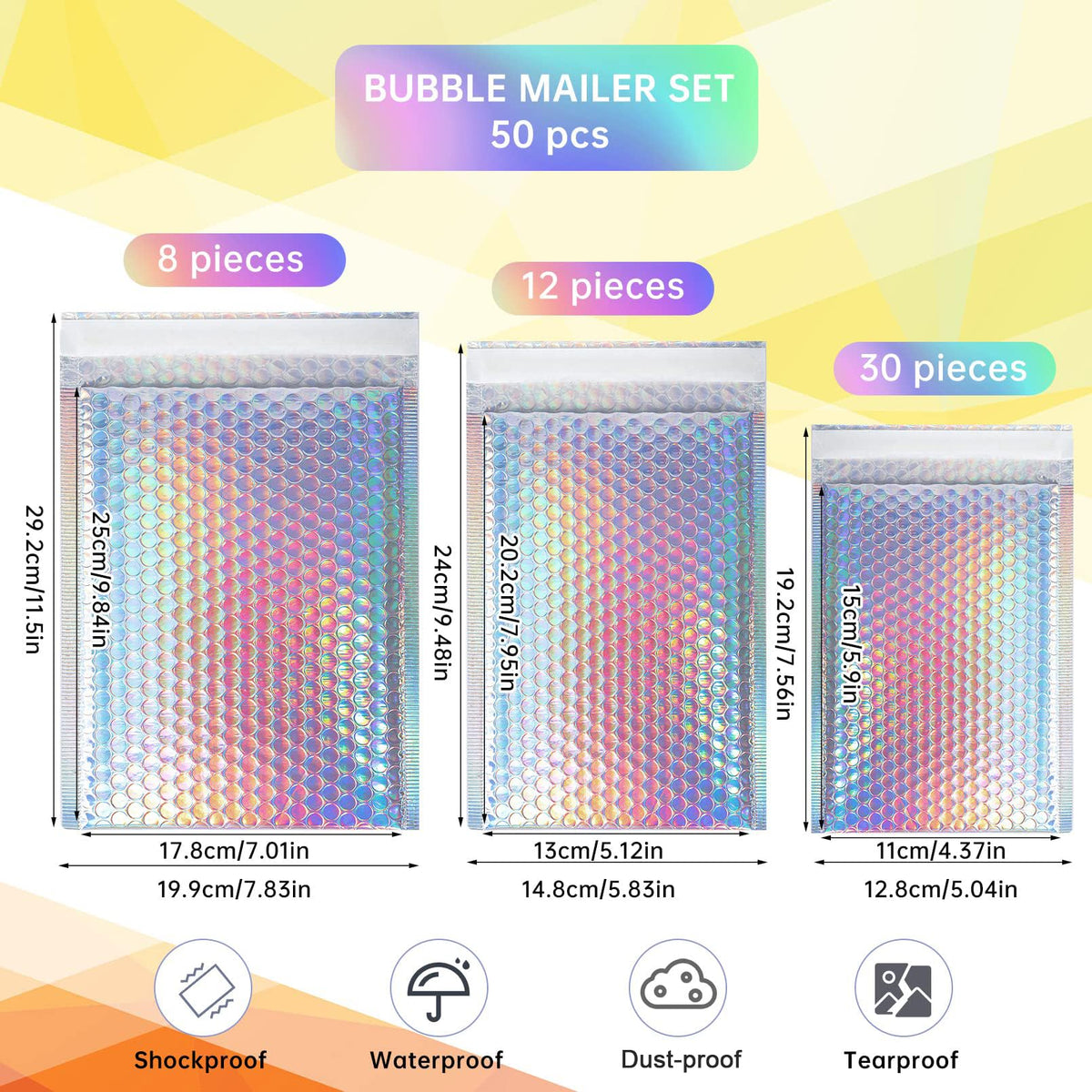 50 Pcs Metallic Bubble Mailers,Poly Padded Envelopes,Waterproof Self Seal Adhesive Shipping Bags,Foil Glitter Glamour Shipping Mailer,Holographic Cushion Envelopes for Mailing,Packing,Small Business