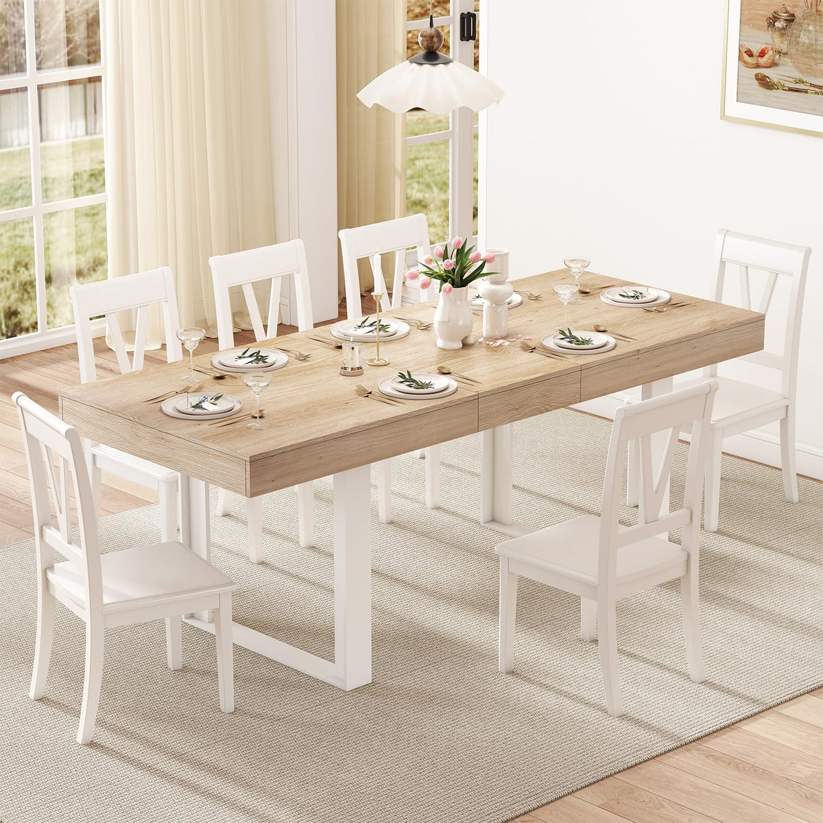 Zevemomo 63"-78.7" Expandable Dining Table, 6-10 Extendable Dining Table, Rectangle Conference Table, Farmhouse Kitchen Table with Slide Track, Tapered U-Shaped Wood Legs for Office, Living Room-Oak