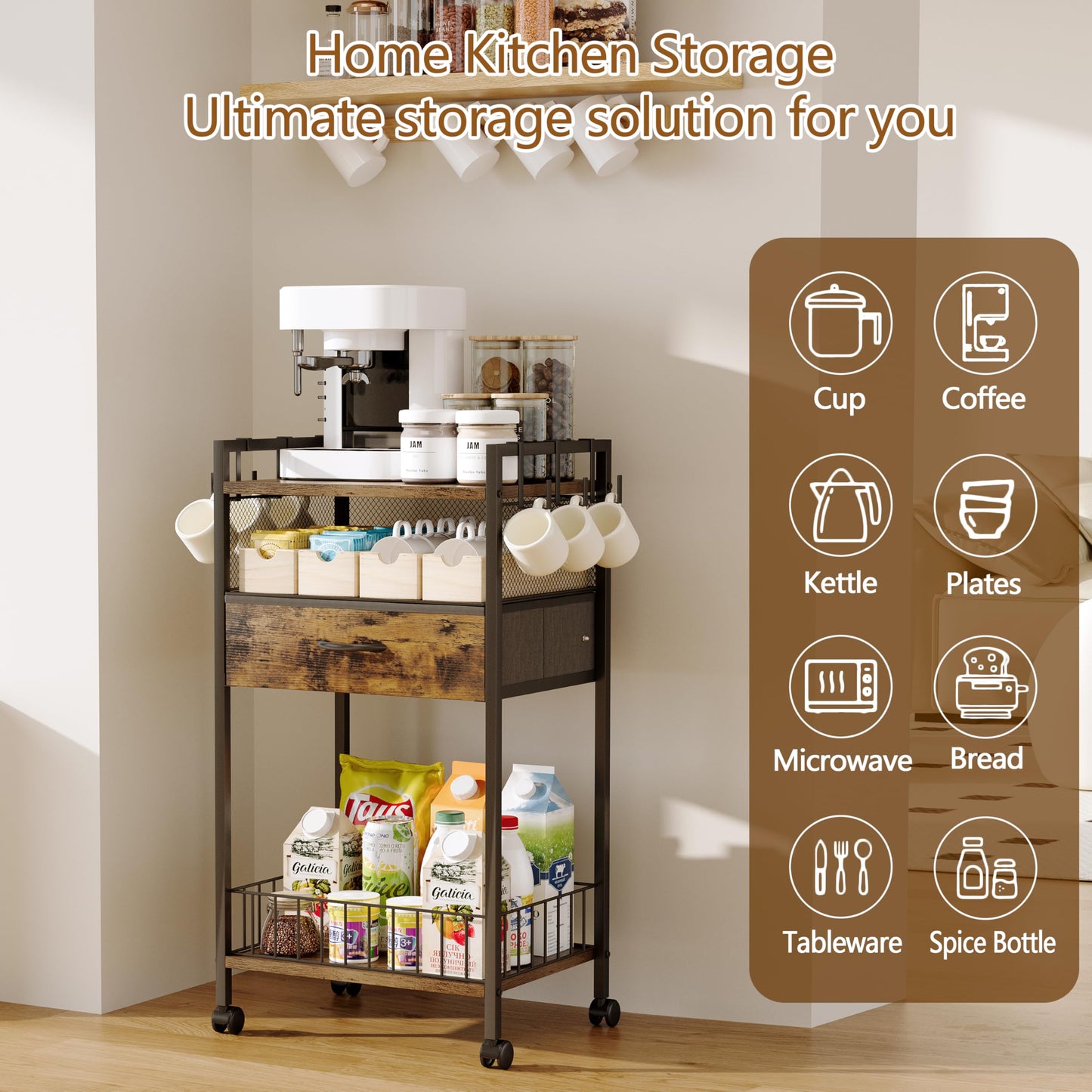 Dsmadn Small Coffee Bar Cart with Drawer Srorage, Office Coffee Bar Station Organizer Mug Cup Holder Stand, K Cup Holder Rack for Home Buffets & Sideboards for Kichen, Entryway, Living Room (Black)