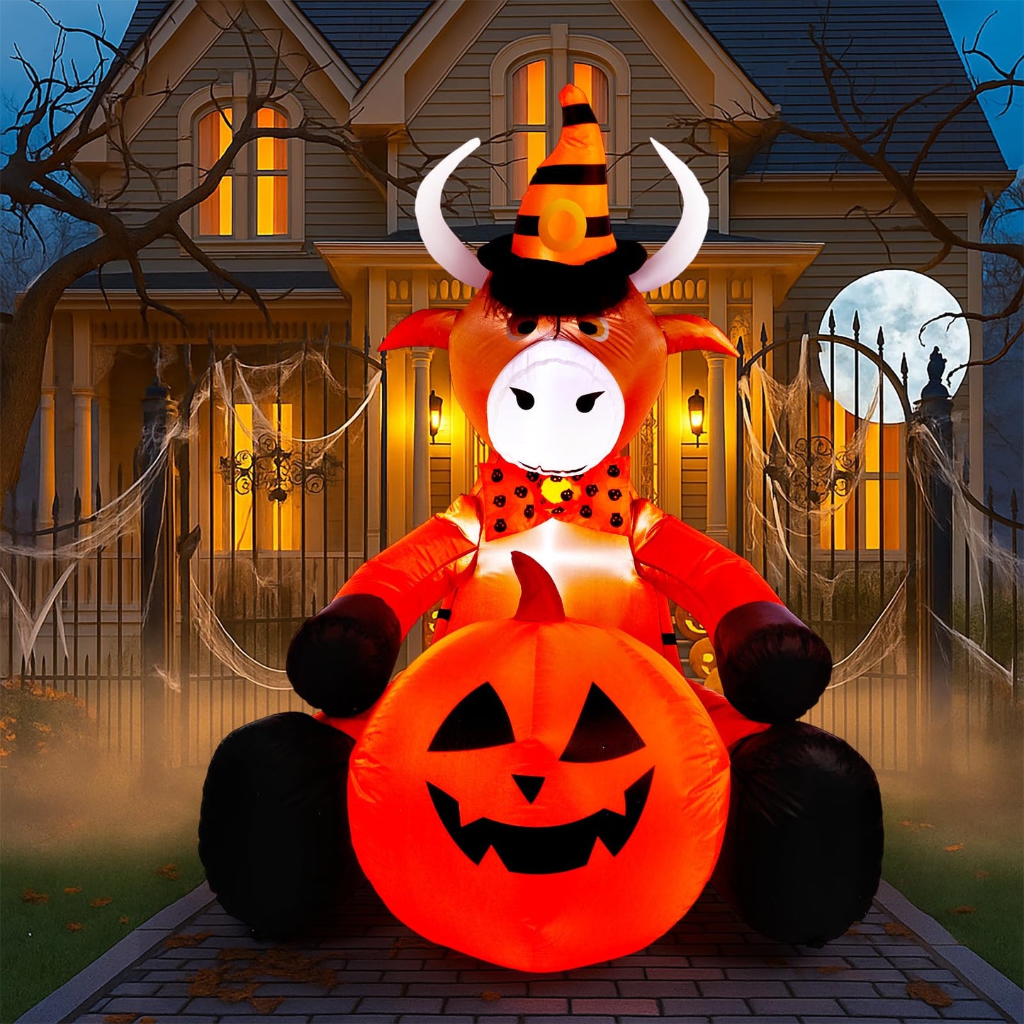 Soulchen 5FT Halloween Inflatable Highland Cow Outdoor Decorations with Witch Hat Holding Pumpkin Built-in LED Lighted Halloween Blow up for Yard Garden Lawn Holiday Party Decor