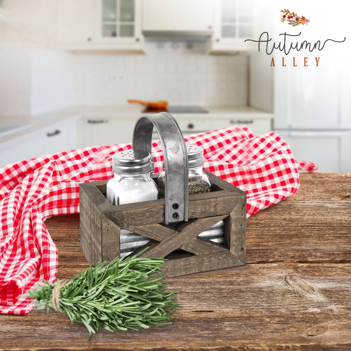 Autumn Alley Barn Door Rustic Salt and Pepper Shakers Set in Wood and Galvanized Caddy, Farmhouse Salt and Pepper Shakers For Rustic Kitchen Decor, Rustic Kitchen Accessories for your Country Kitchen