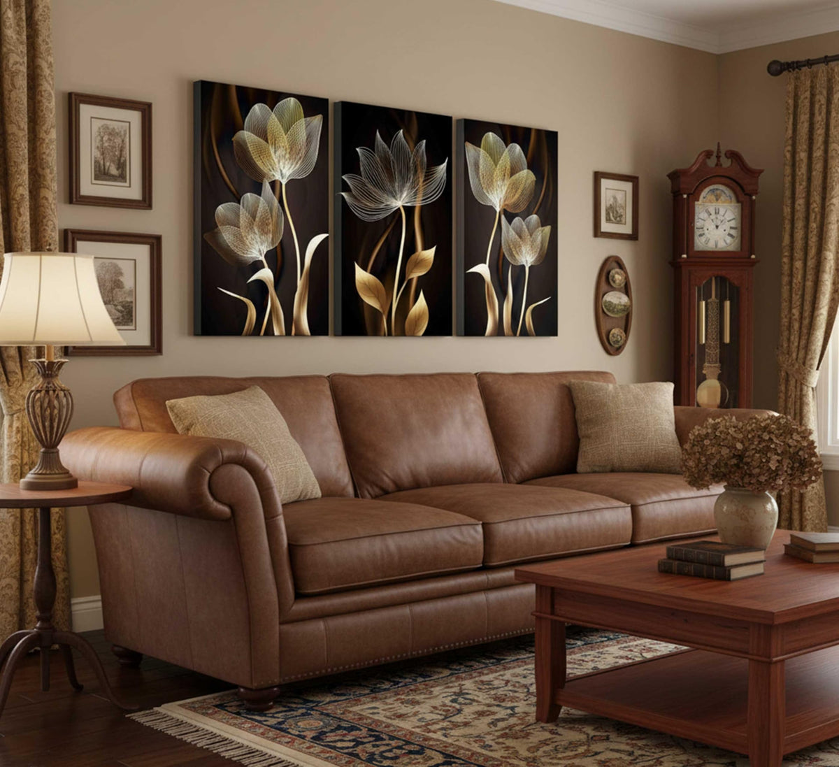3 Pieces Modern Abstract Brown Flowers Canvas Wall Art Minimalism Black and Gold Floral Painting Pictures Luxury Wall Decor Posters Print Artwork for living room Office Bedroom Home Decoration