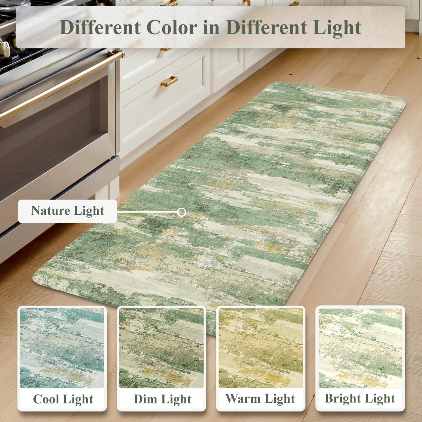 Collive Kitchen Mats Cushioned Anti Fatigue, Modern Abstract Non Slip Kitchen Floor Mat Waterproof Green Sink Rug 2 Piece, Comfort Desk Standing Rugs for Bedroom, Office, Laundry, 17"x29"+17"x47"