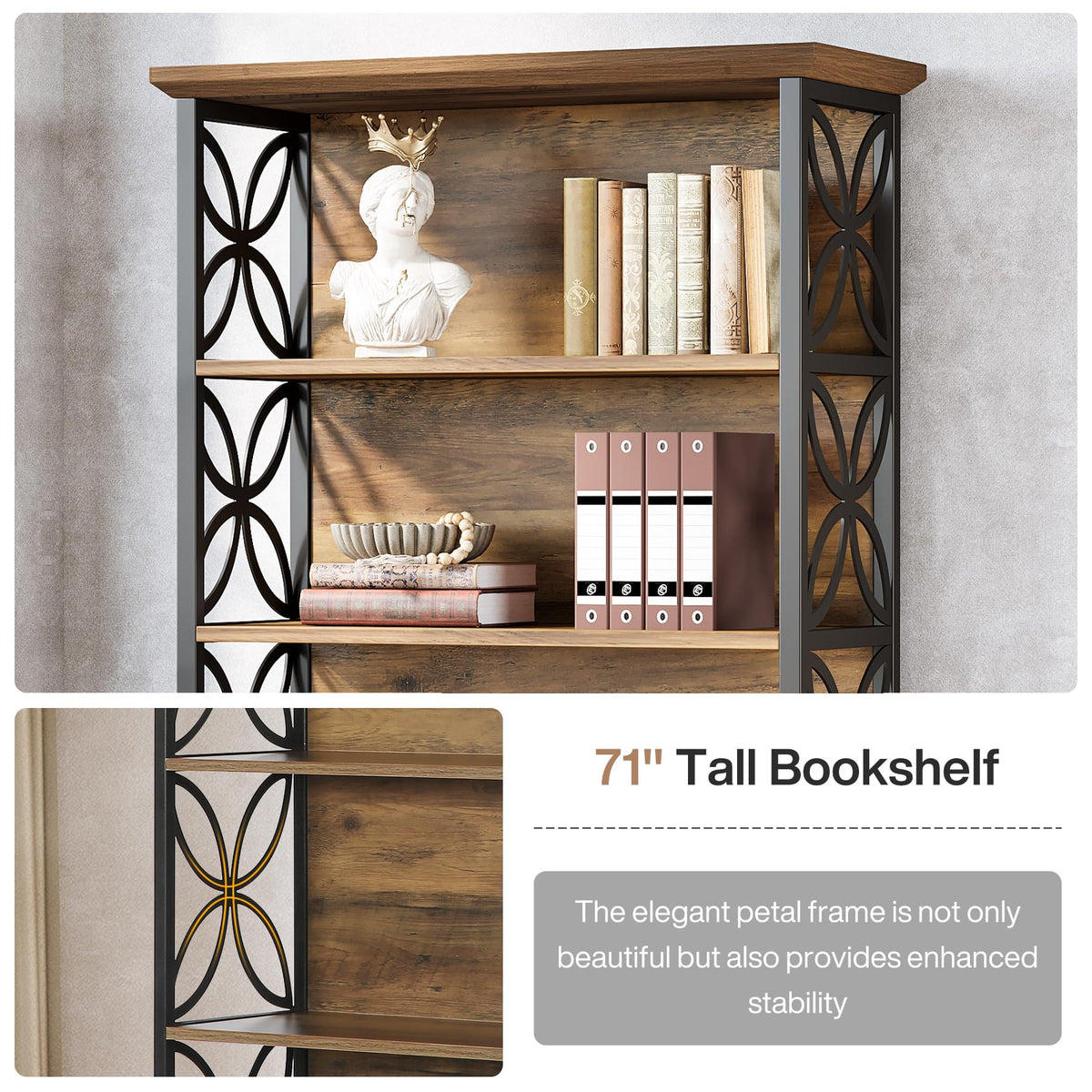 Tribesigns 6-Tier Tall Bookshelf, 71" Industrial Bookcase with Metal Frame, Freestanding Open Storage Shelves for Home Office, Living Room, Bedroom
