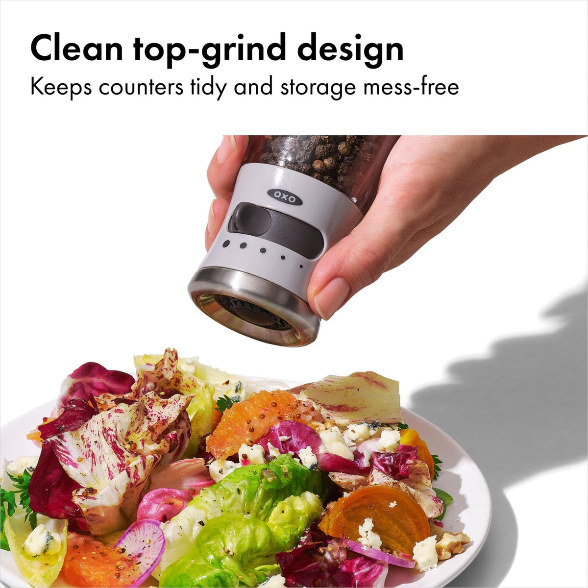 OXO Good Grips Contoured Mess-Free Pepper Grinder, Adjustable Ceramic Grinder with Five Settings, Black Pepper Mill for Home and Kitchen, Spice Tool and Kitchen Gadget