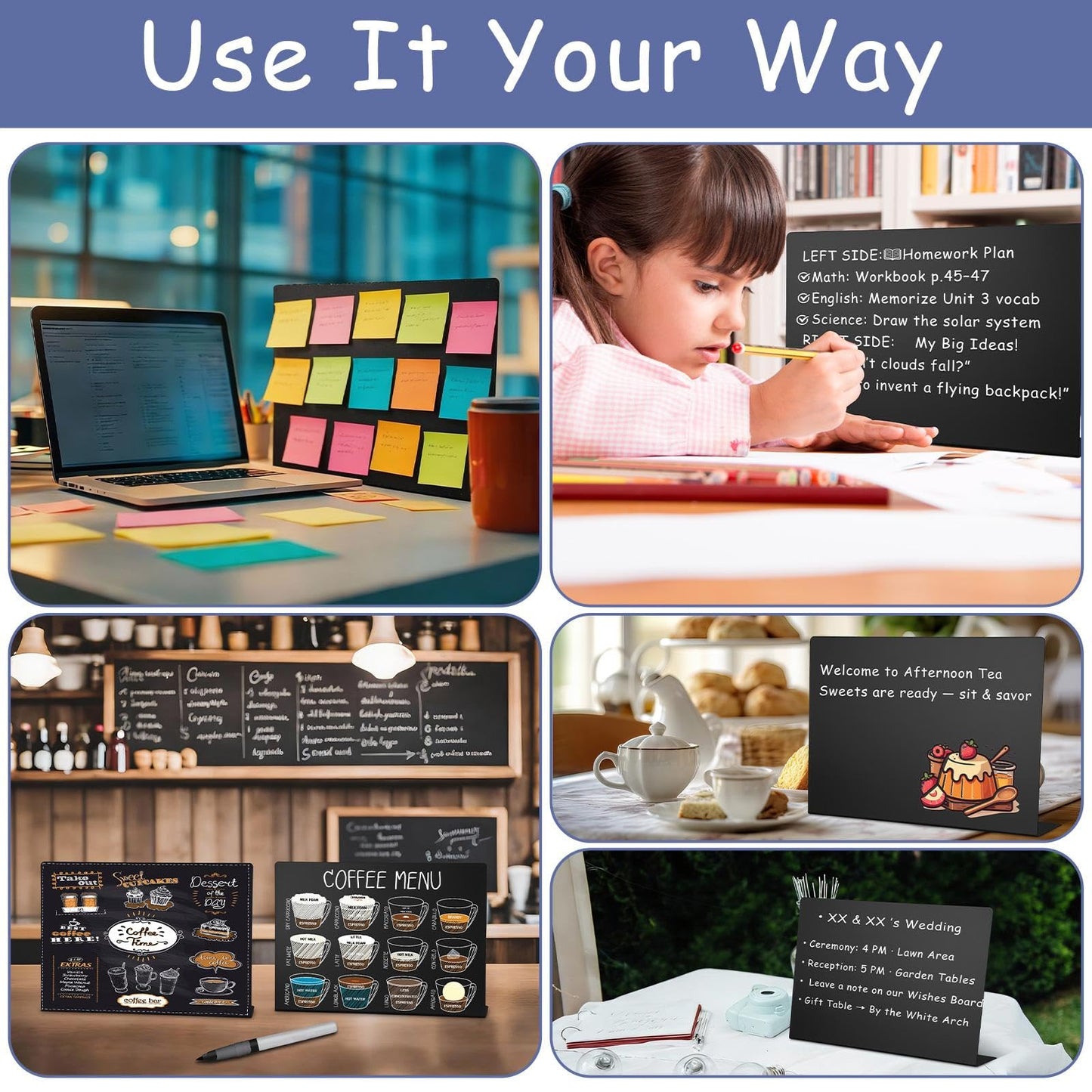 Geyoga 2 Pack Magnetic Bulletin Board with Stand, 16 x 12 Inch Black Magnet Display Board for Memo, Menu, Notes, Photos, for Kitchen Countertop, Office Desk, School