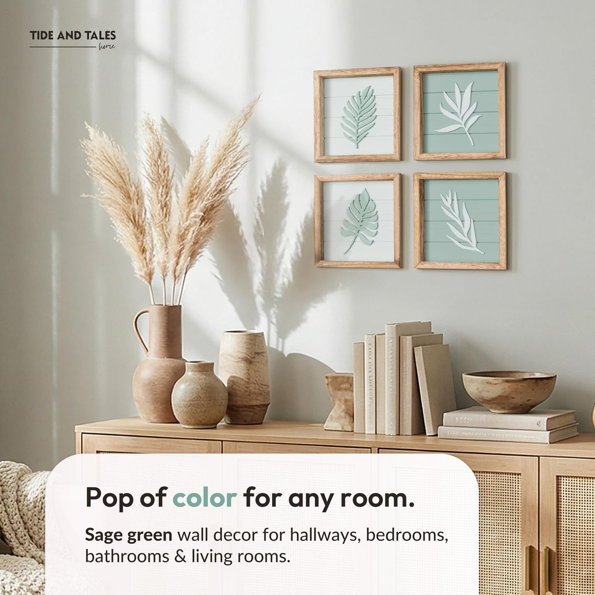 Tide and Tales 3D Sage Green Leaf Botanical Wall Art (Framed Set of 4) – Textured Boho Botanical Bathroom Art Wall Decor – Leaf & Plant Accent for Bedroom or Living Room 7"x7"
