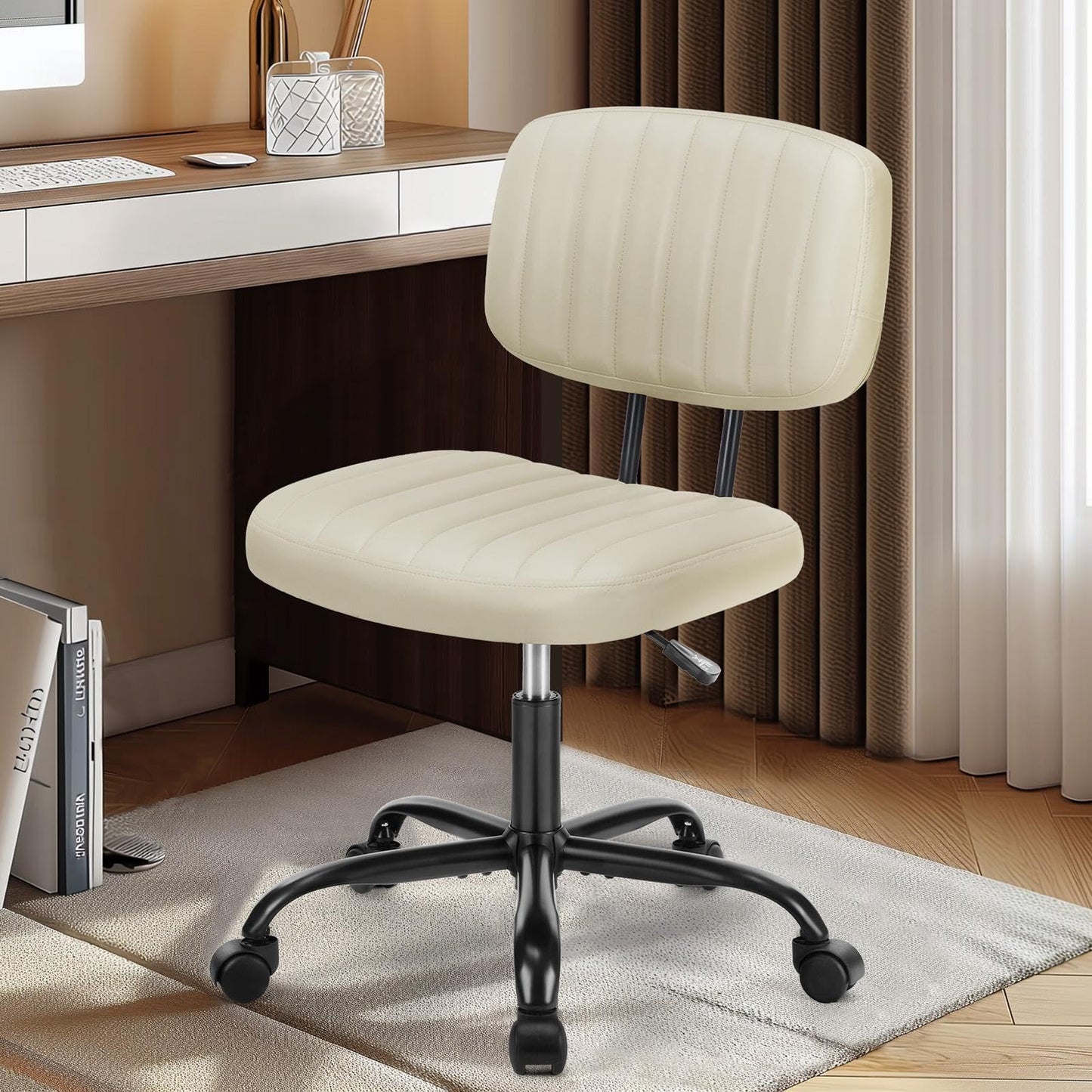 DUMOS Small Office Desk Chair - Armless PU Leather with Comfy Lumbar Support, Height Adjustable Rolling Swivel Task for No Arms, for Adult, Student, Bedroom, Home, Vanity, Beige White