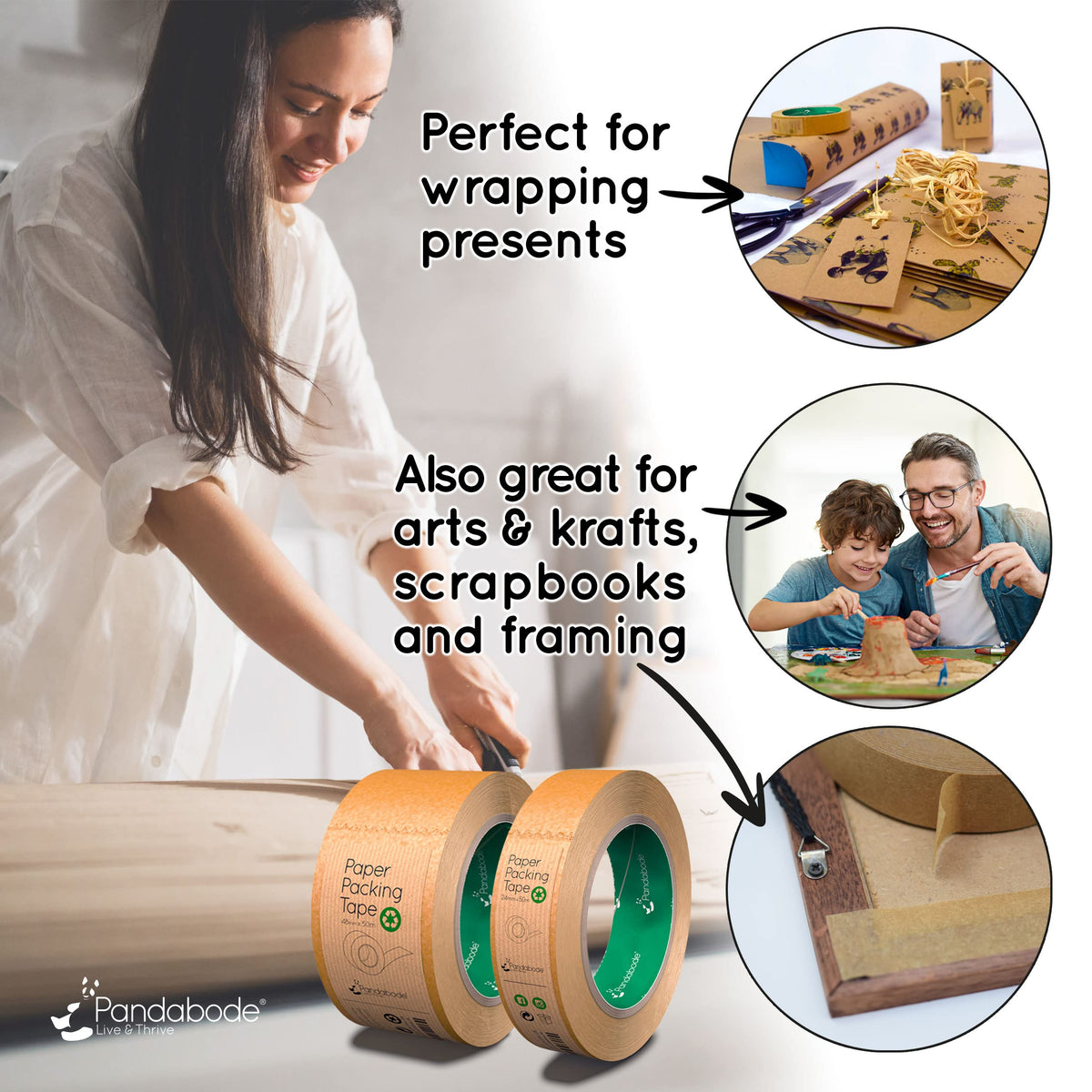 Kraft Paper Packing Tape 48mm x 50m | 6 Pack | Brown Paper Tape for Strong Parcel Packaging | Recyclable & Eco Friendly (6)