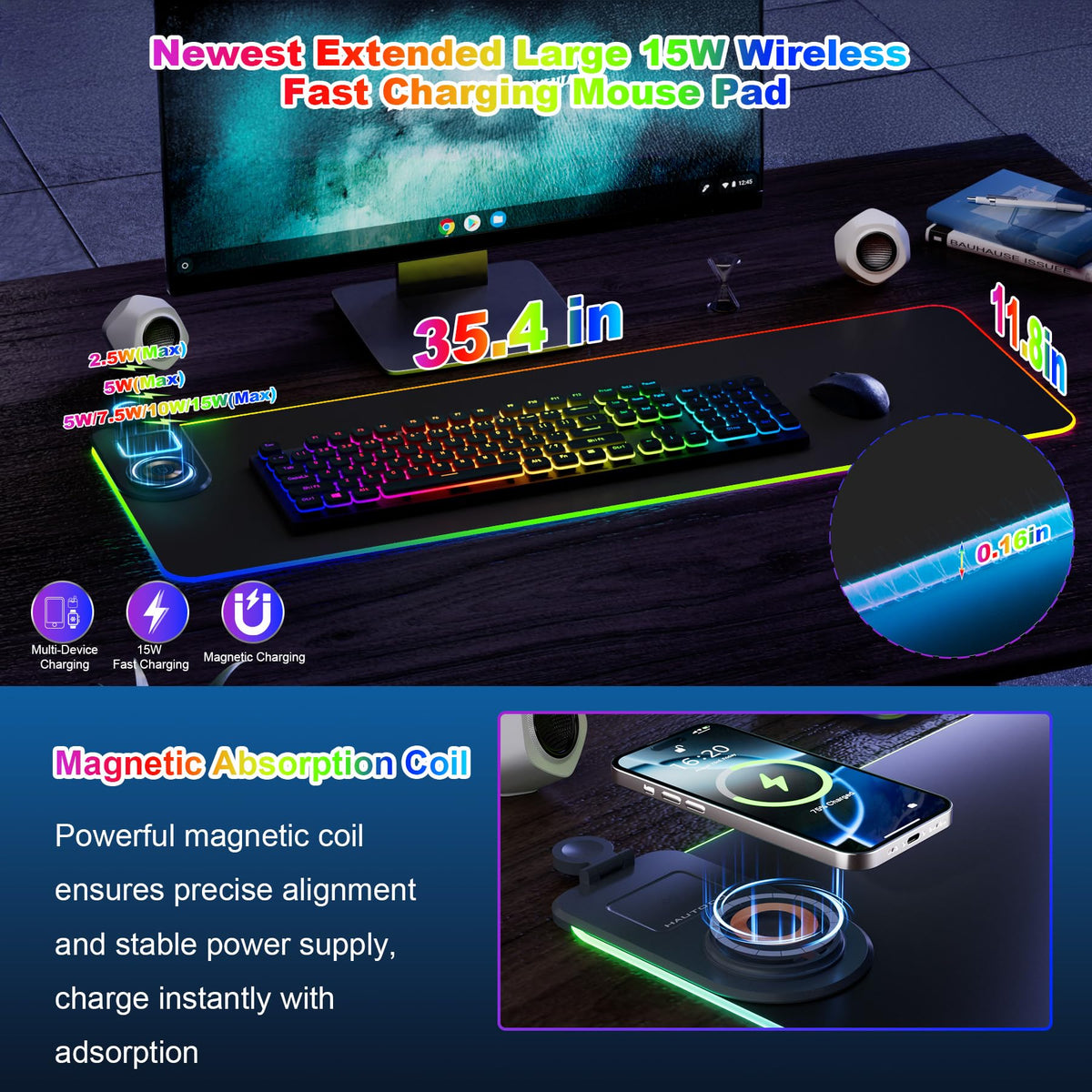 HAUTOCO Wireless Charging Mouse Pad 15W RGB Gaming Mousepad Waterproof Desk Mat with Phone Holder 35.4''x11.8'' Extra Large Desk Pad Non-Slip Base Computer Keyboard Mat for PC Laptop, Black