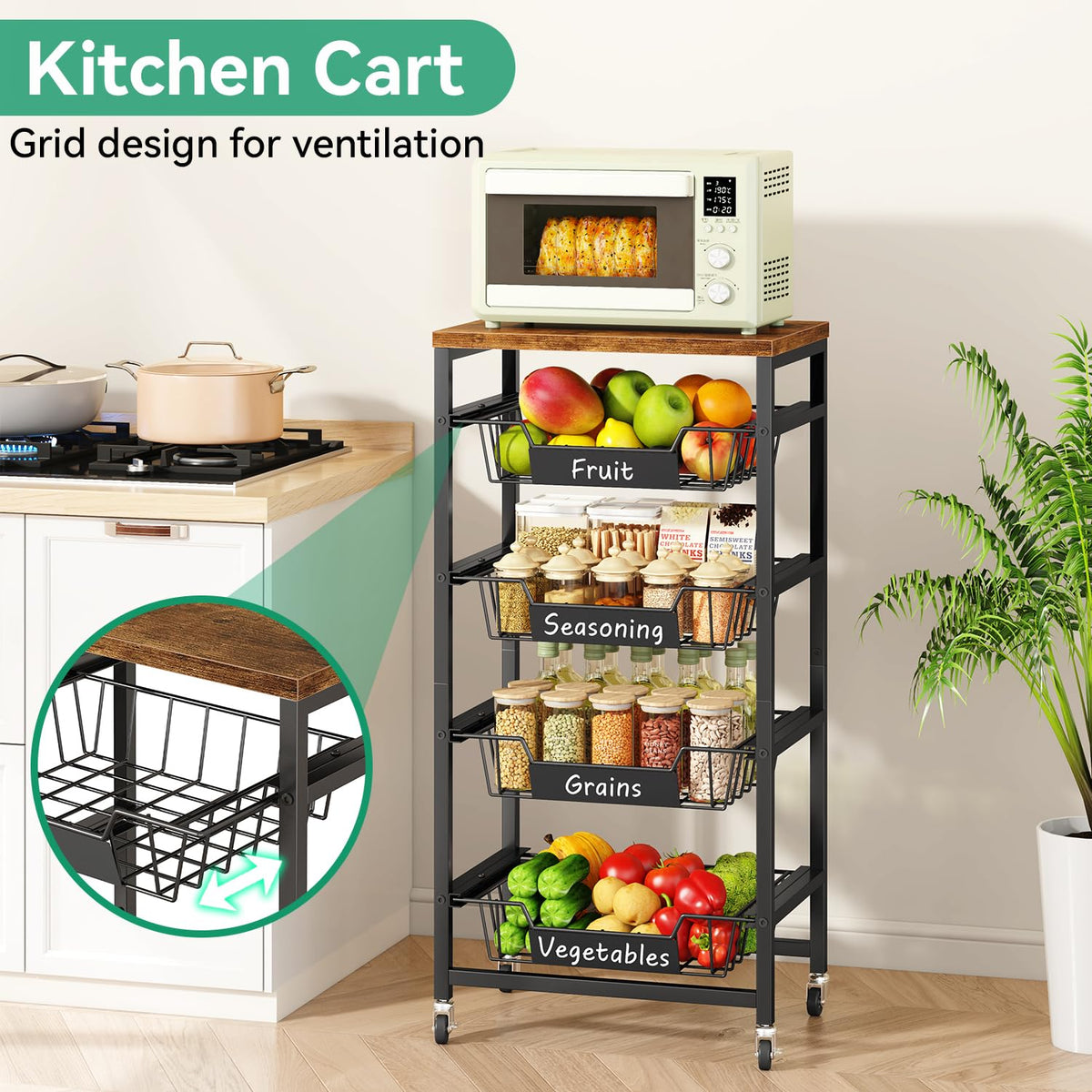 IBUYKE Kitchen Fruit Vegetable Storage Cart with Drawers,Metal Rolling Utility Cart with Fruit Basket and Wooden Top,Rolling Snack Kitchen Cart for Bedroom,Pantry,Office,Rustic Brown UTLJ026H